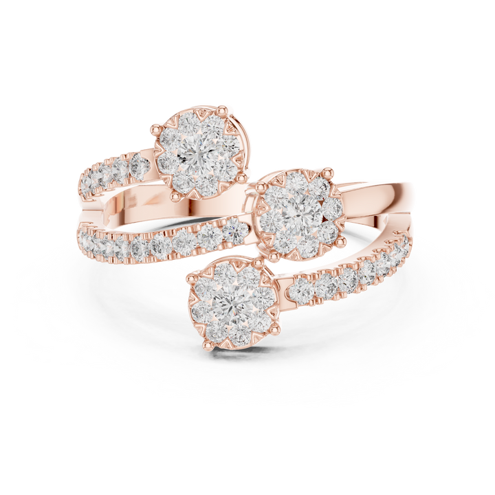 Round Cut Diamond Three Stone Floral Cluster Twist Ring