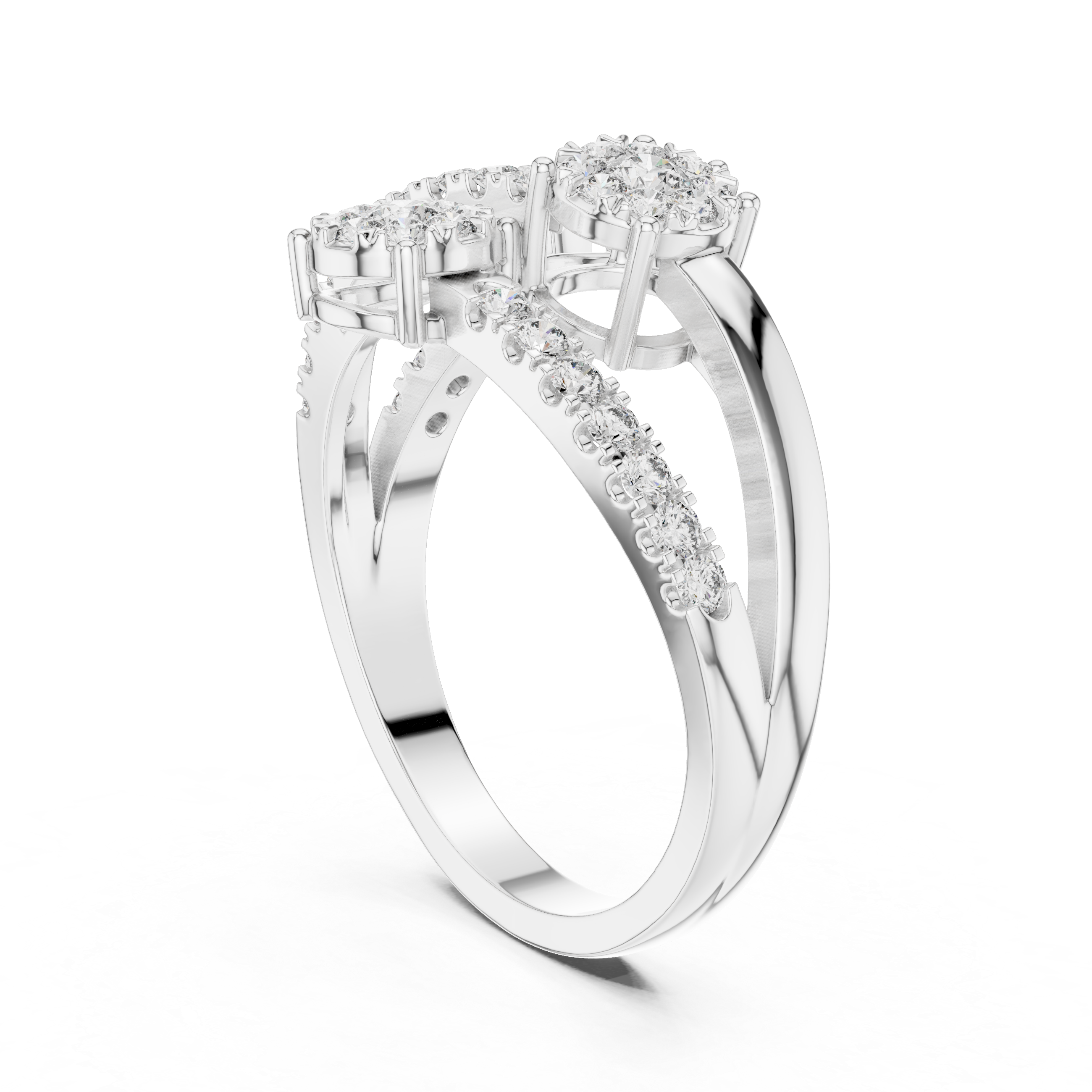 Round Cut Diamond Three Stone Floral Cluster Twist Ring