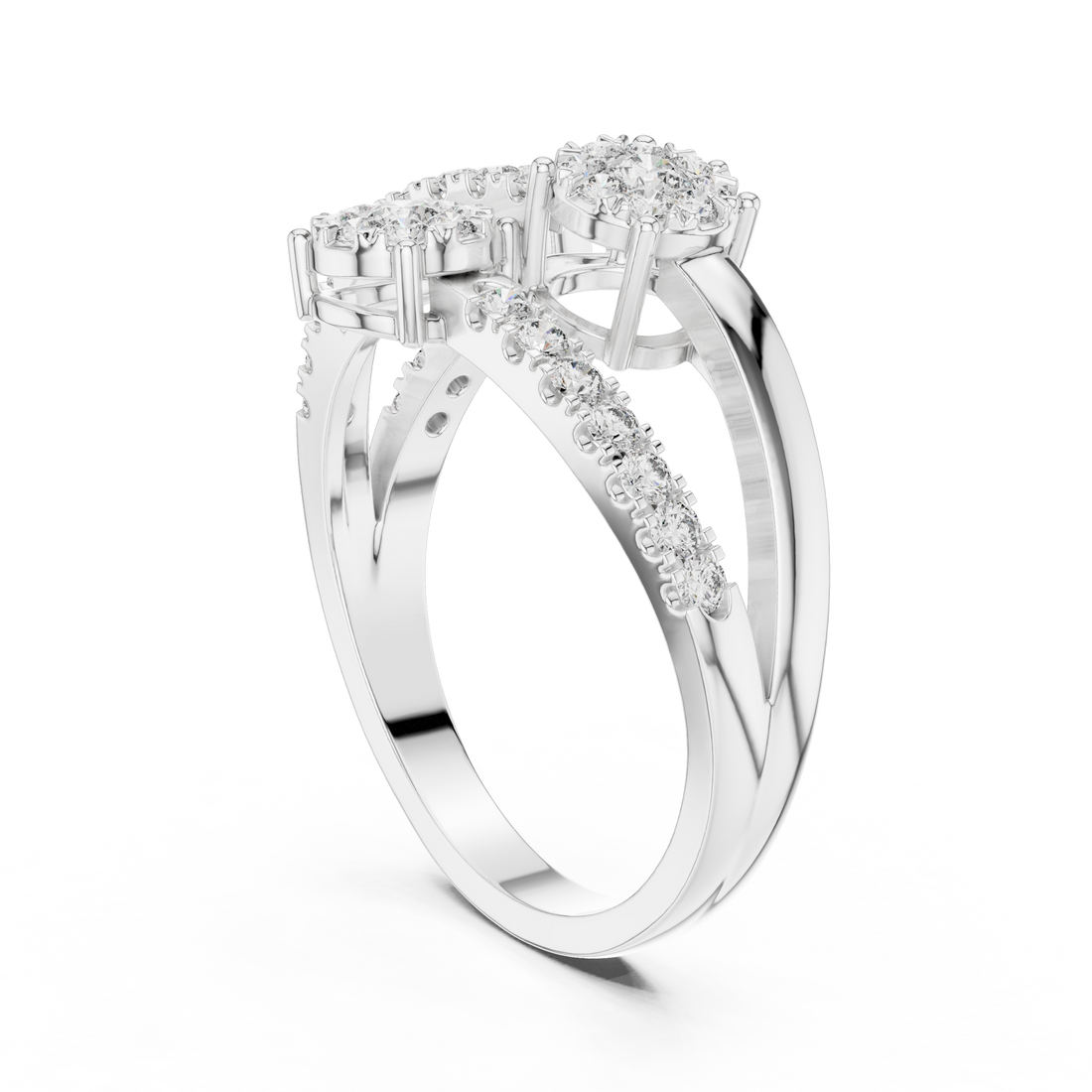 Round Cut Diamond Three Stone Floral Cluster Twist Ring