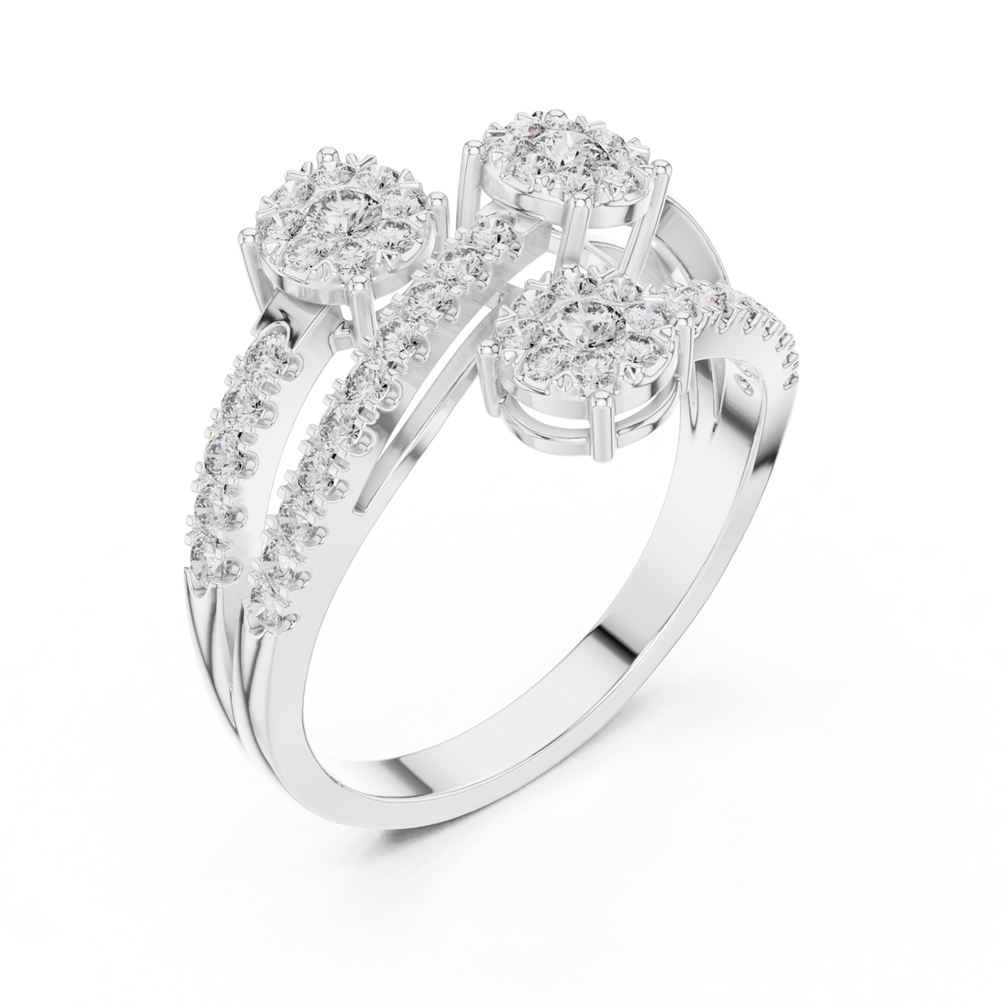 Round Cut Diamond Three Stone Floral Cluster Twist Ring