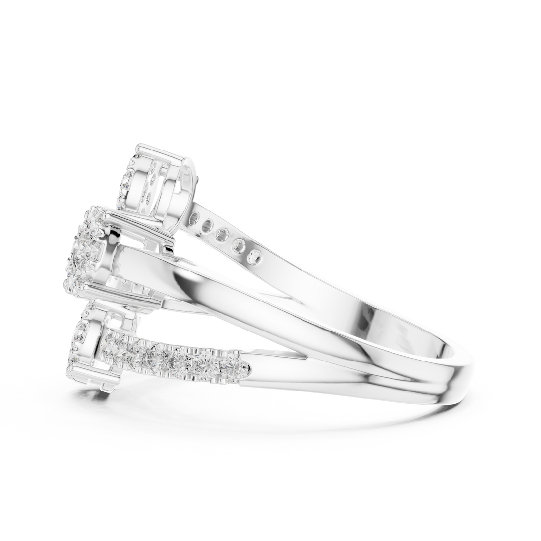 Round Cut Diamond Three Stone Floral Cluster Twist Ring