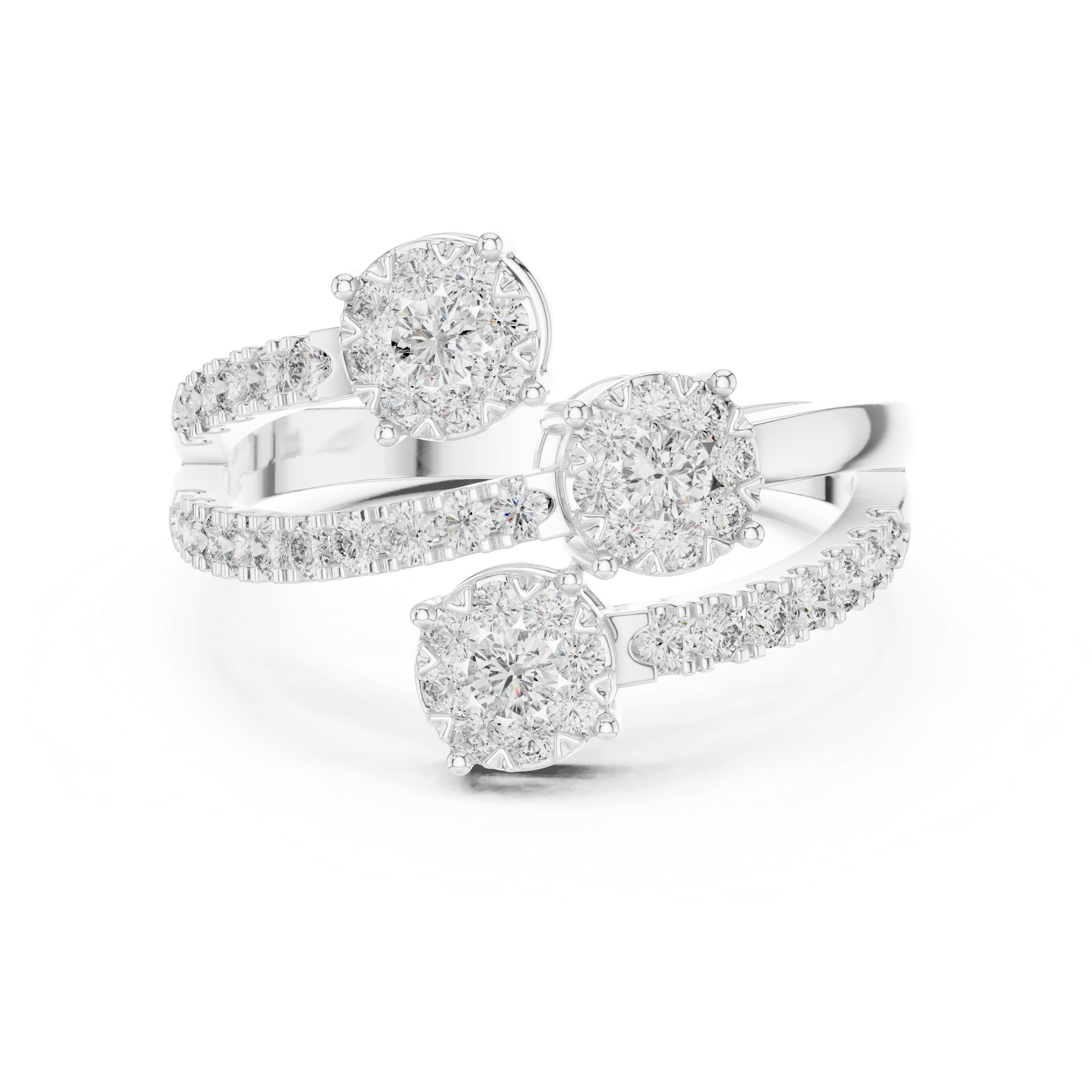 Round Cut Diamond Three Stone Floral Cluster Twist Ring