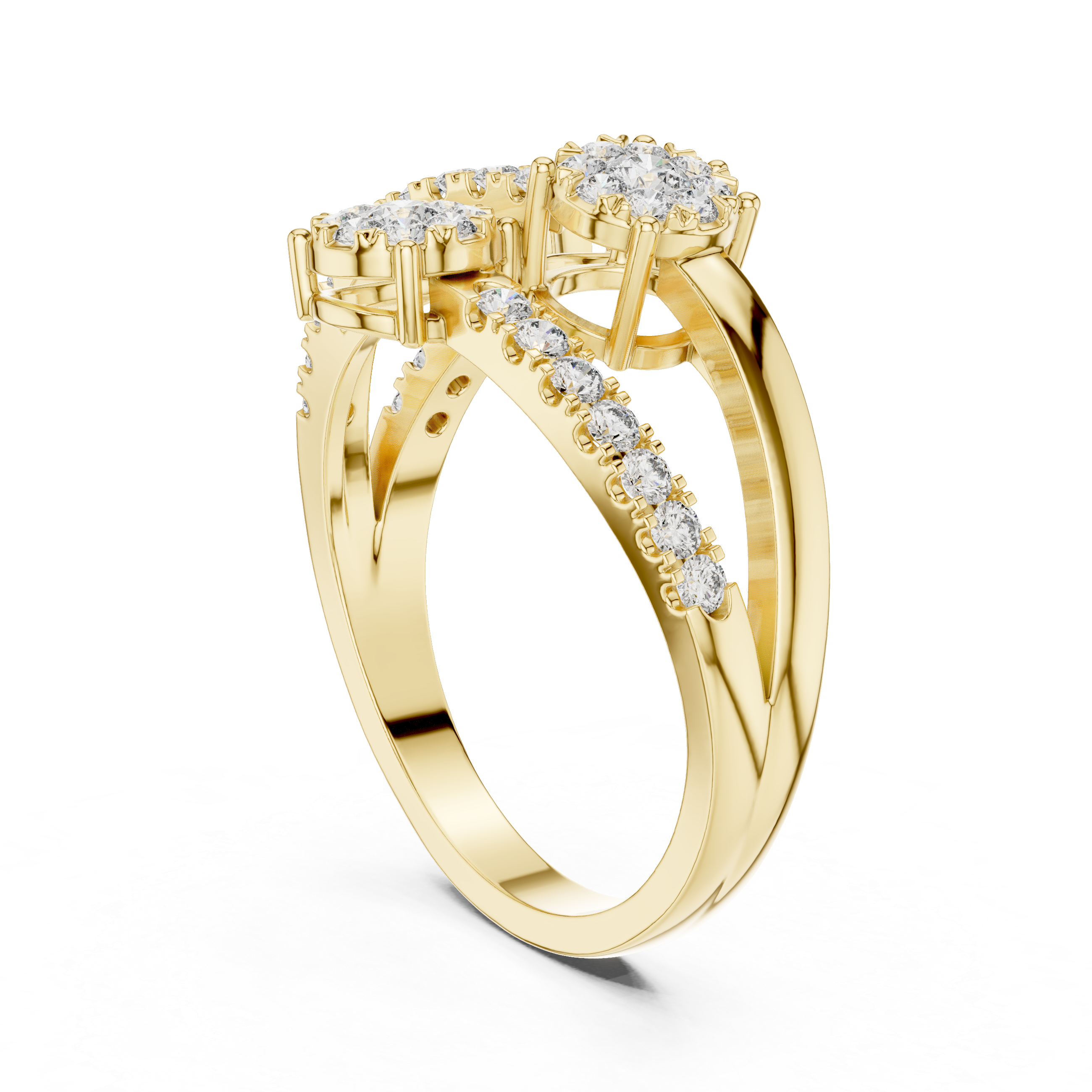 Round Cut Diamond Three Stone Floral Cluster Twist Ring