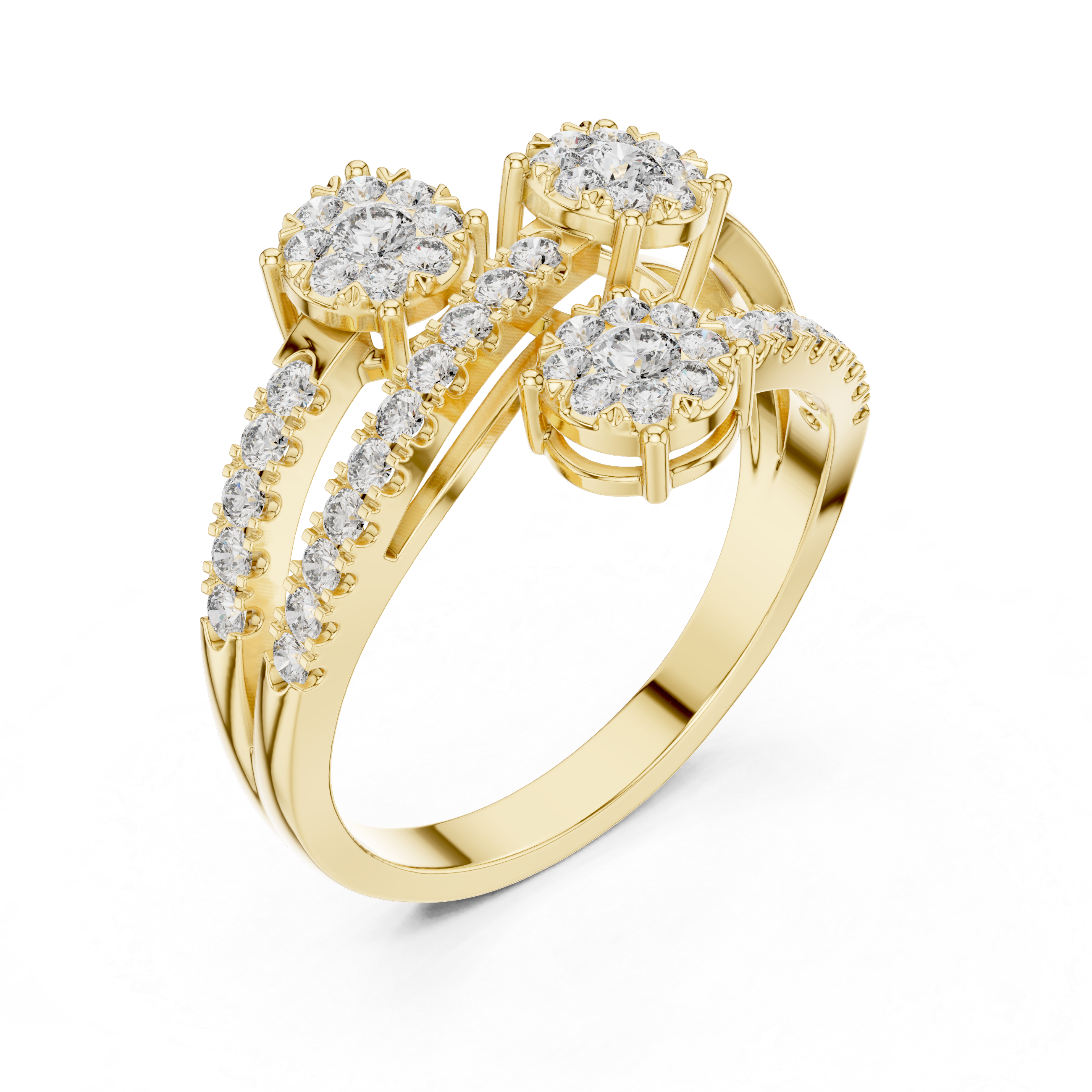 Round Cut Diamond Three Stone Floral Cluster Twist Ring