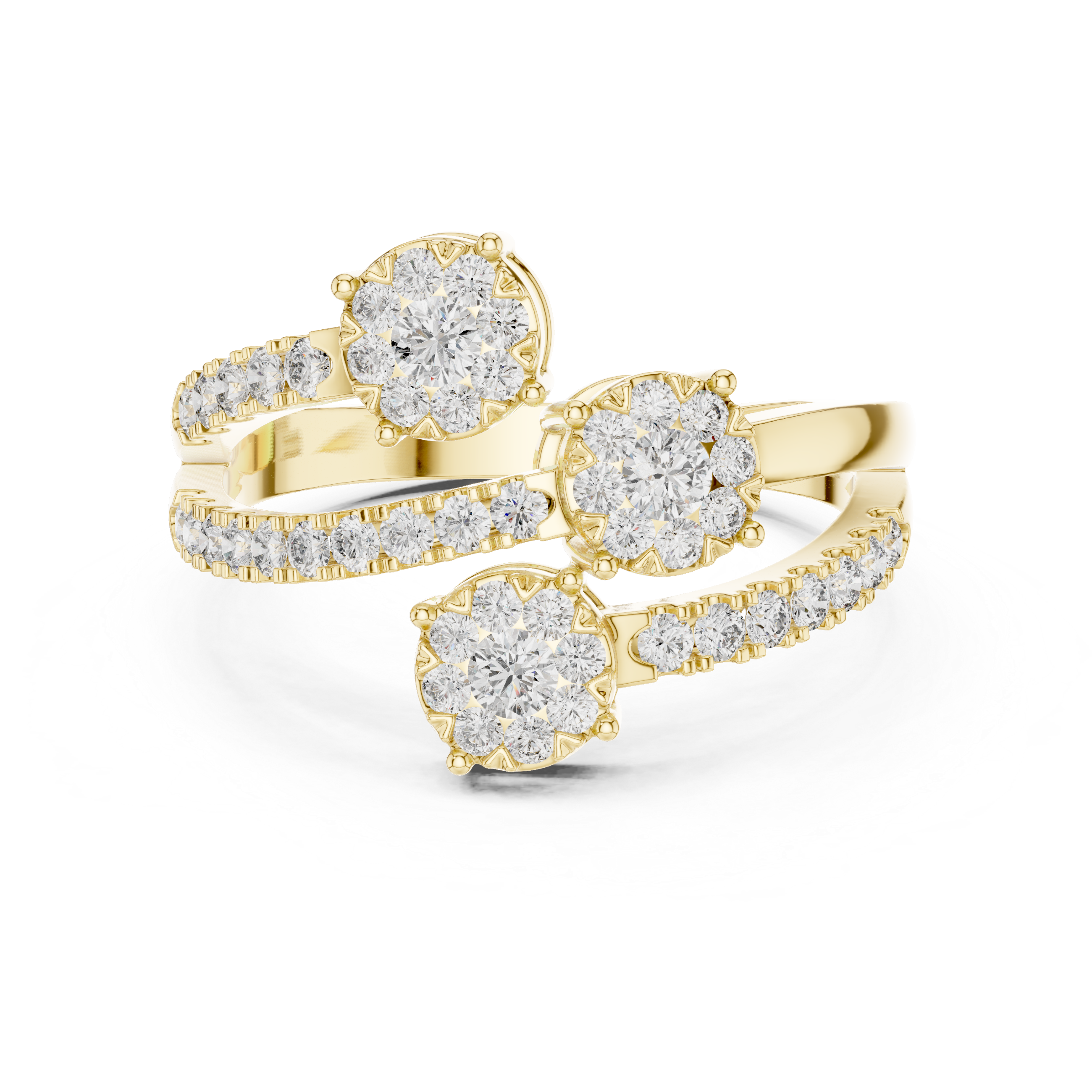 Round Cut Diamond Three Stone Floral Cluster Twist Ring