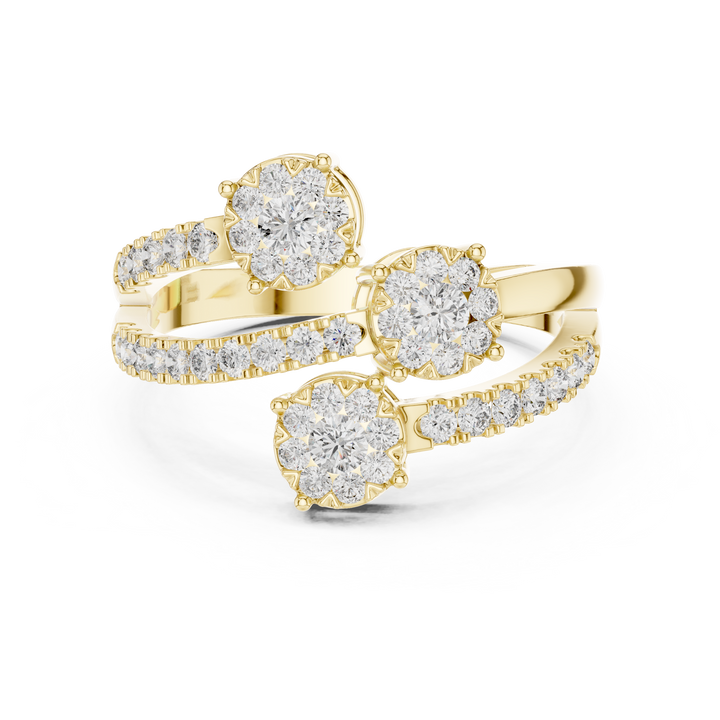 Round Cut Diamond Three Stone Floral Cluster Twist Ring