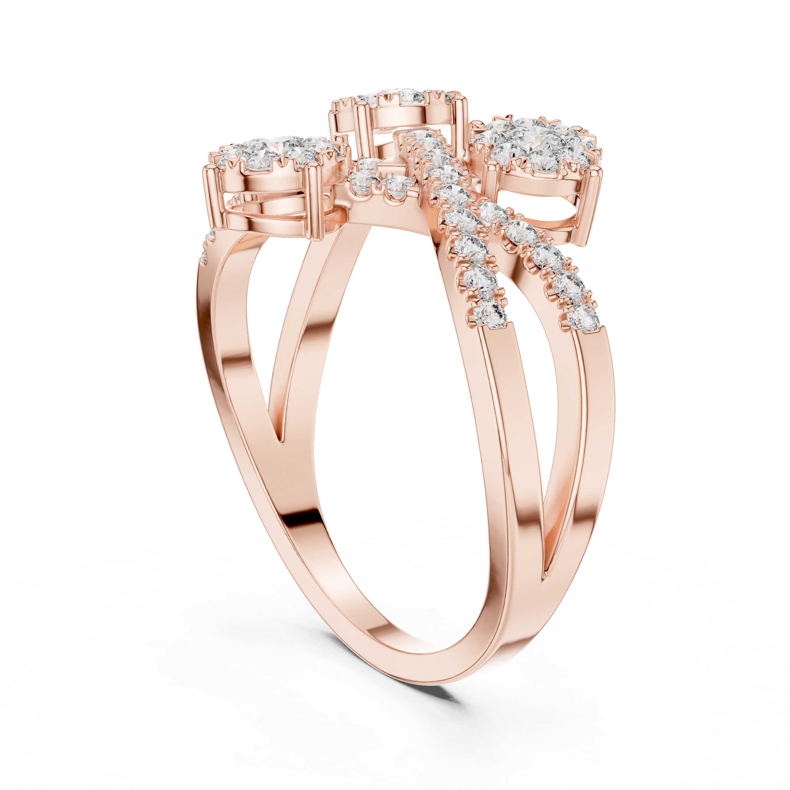 Round Cut Diamond Three Stone Floral Cluster Twist Ring