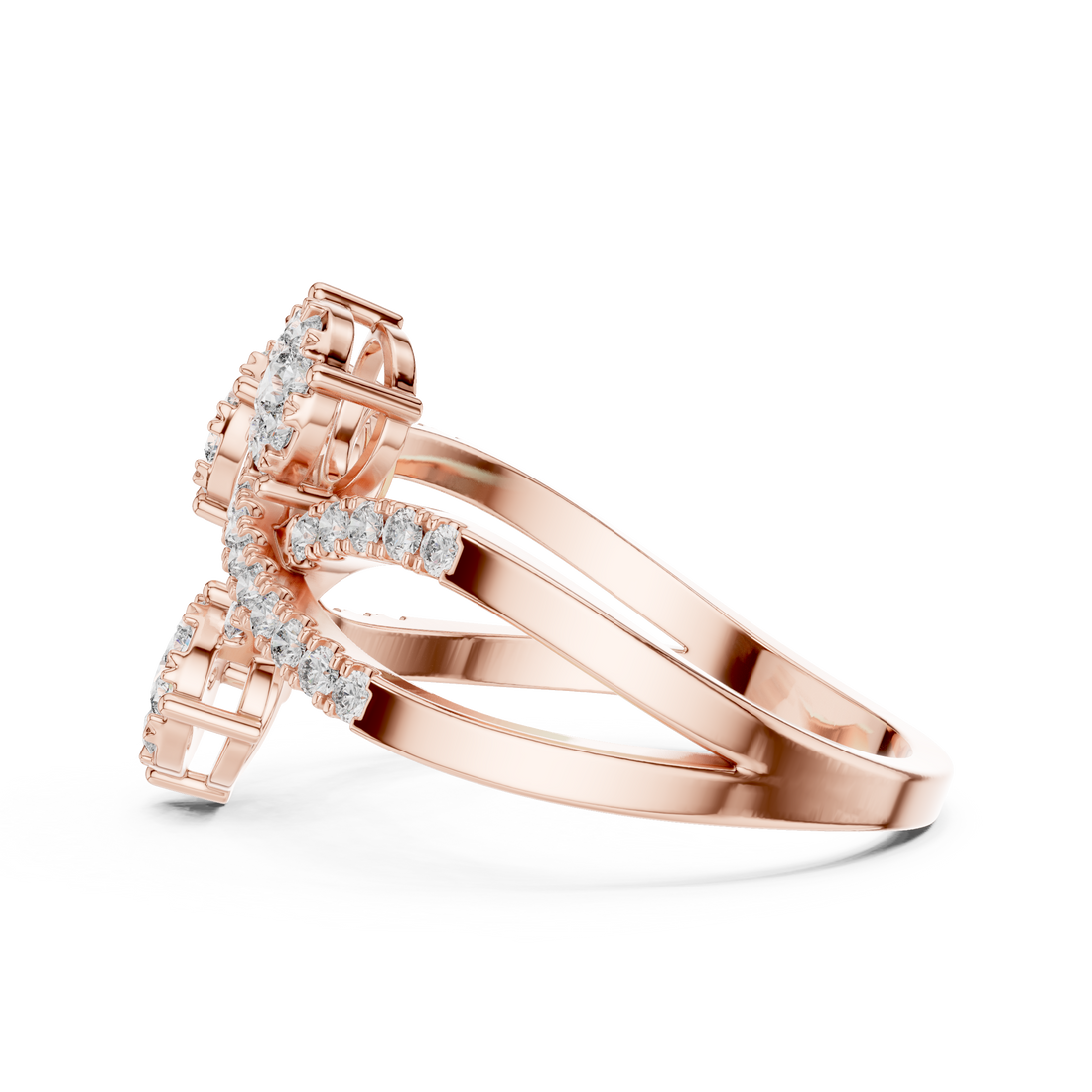 Round Cut Diamond Three Stone Floral Cluster Twist Ring