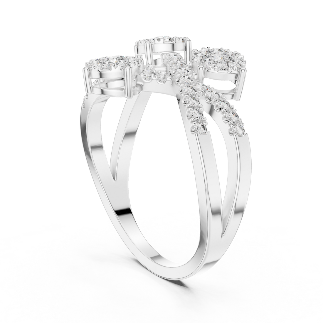 Round Cut Diamond Three Stone Floral Cluster Twist Ring