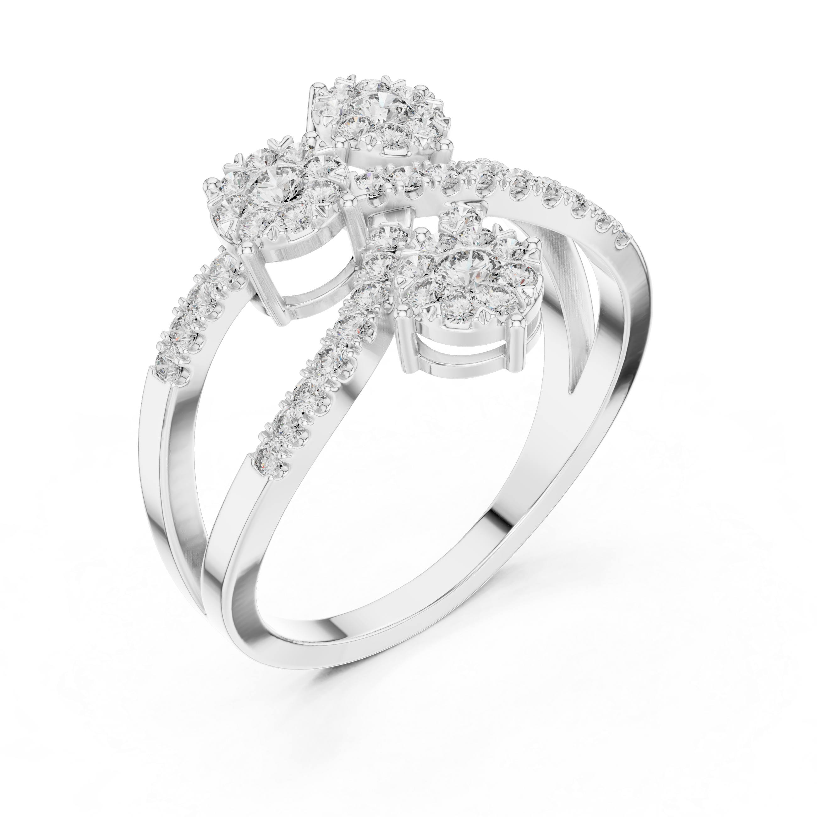 Round Cut Diamond Three Stone Floral Cluster Twist Ring