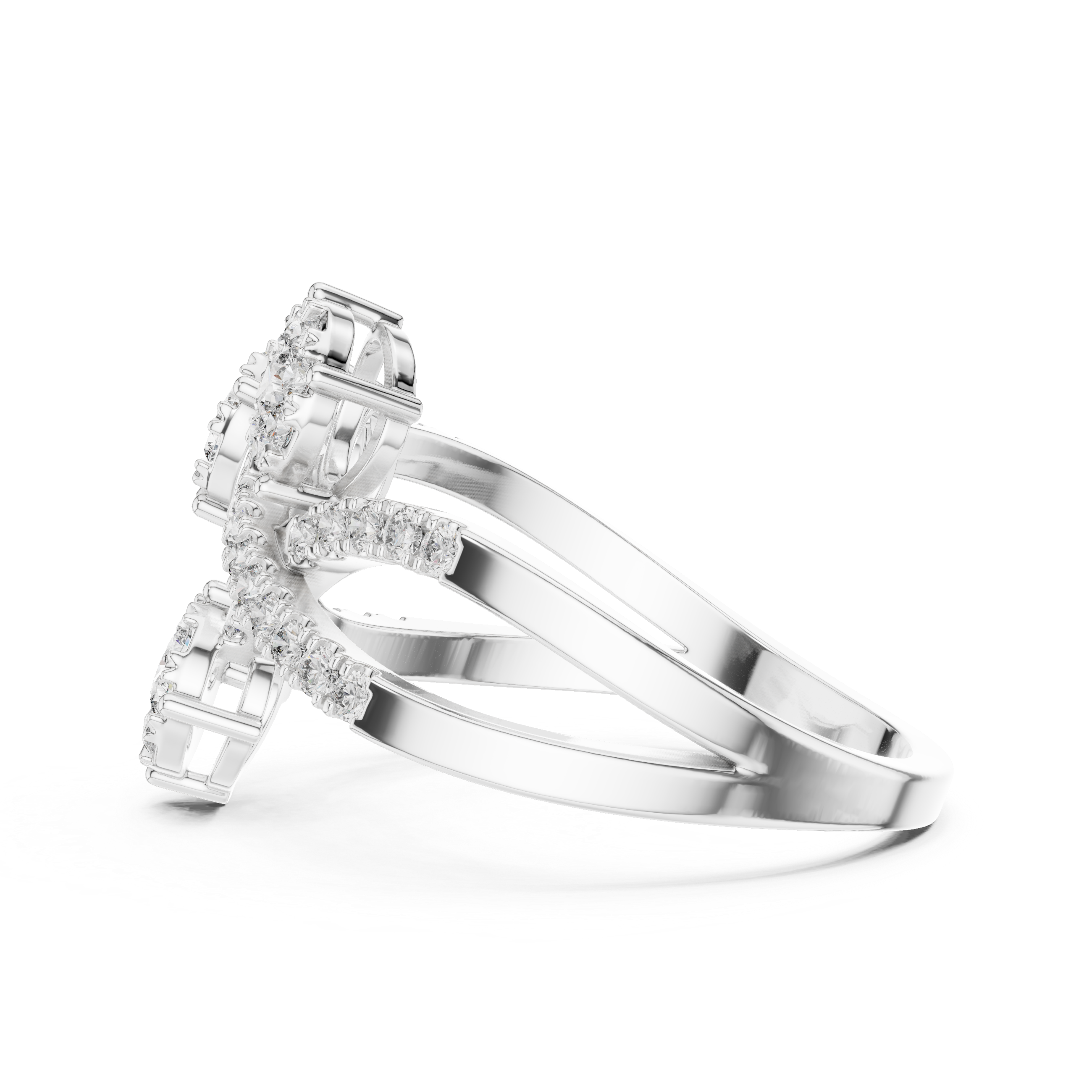 Round Cut Diamond Three Stone Floral Cluster Twist Ring