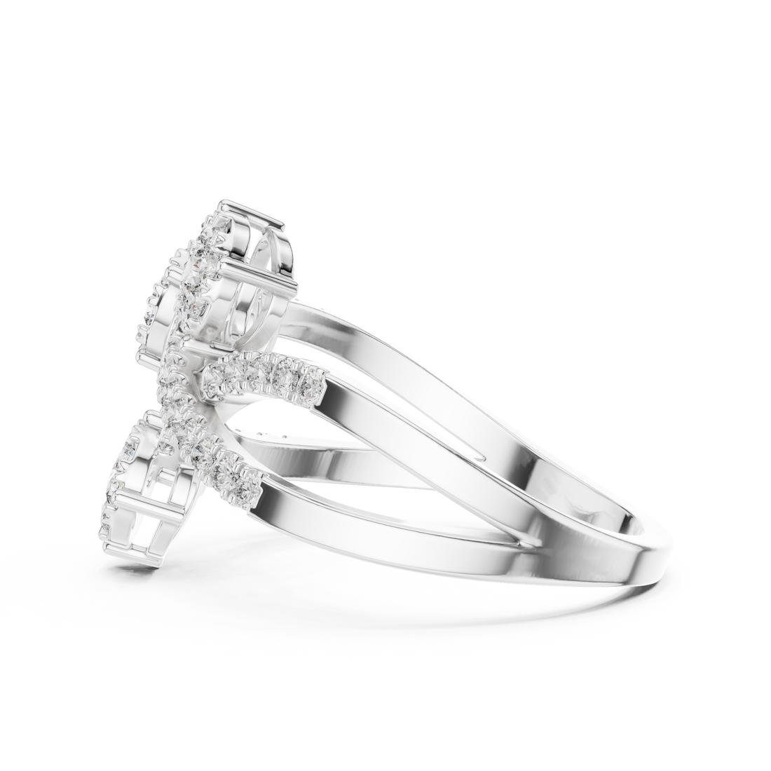 Round Cut Diamond Three Stone Floral Cluster Twist Ring