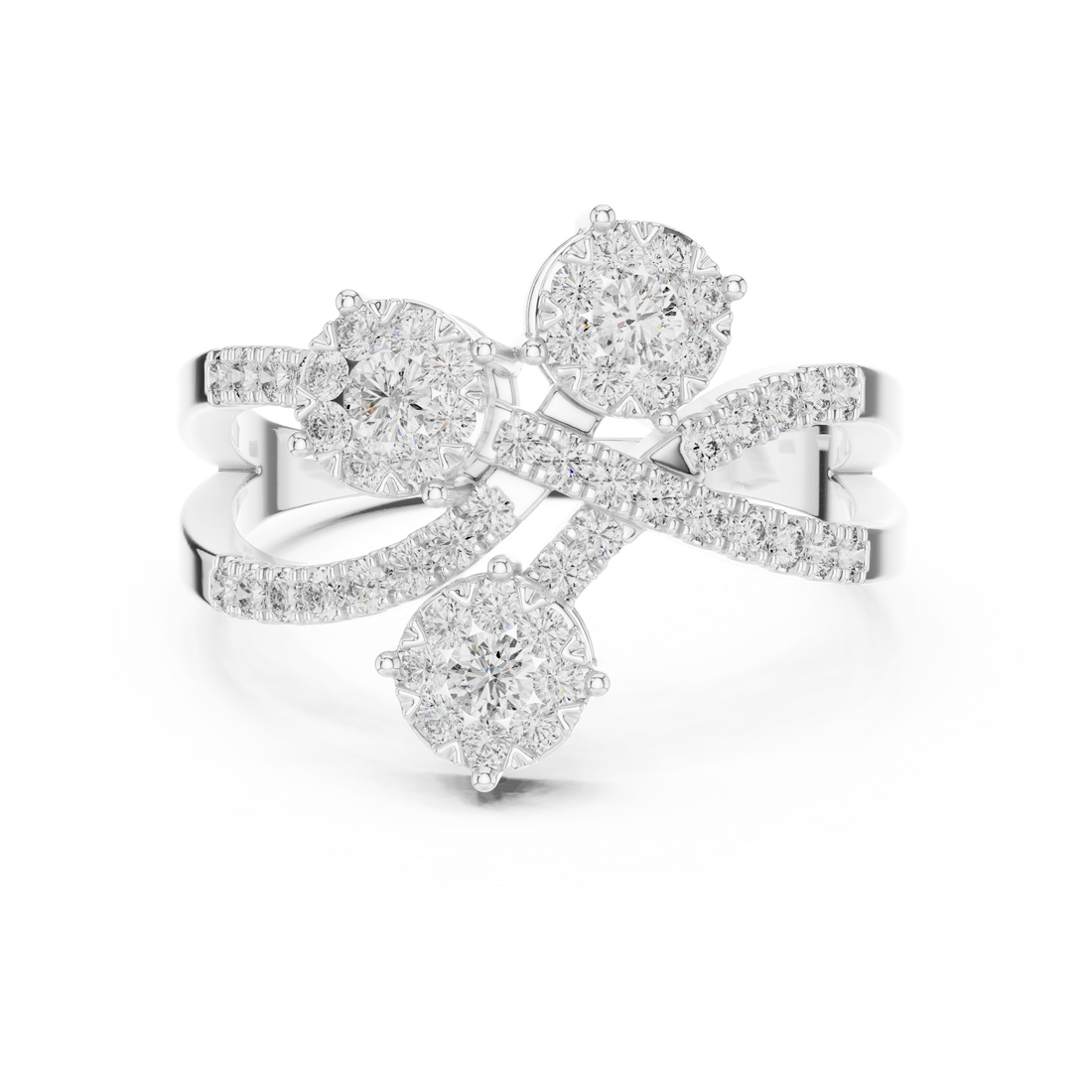 Round Cut Diamond Three Stone Floral Cluster Twist Ring