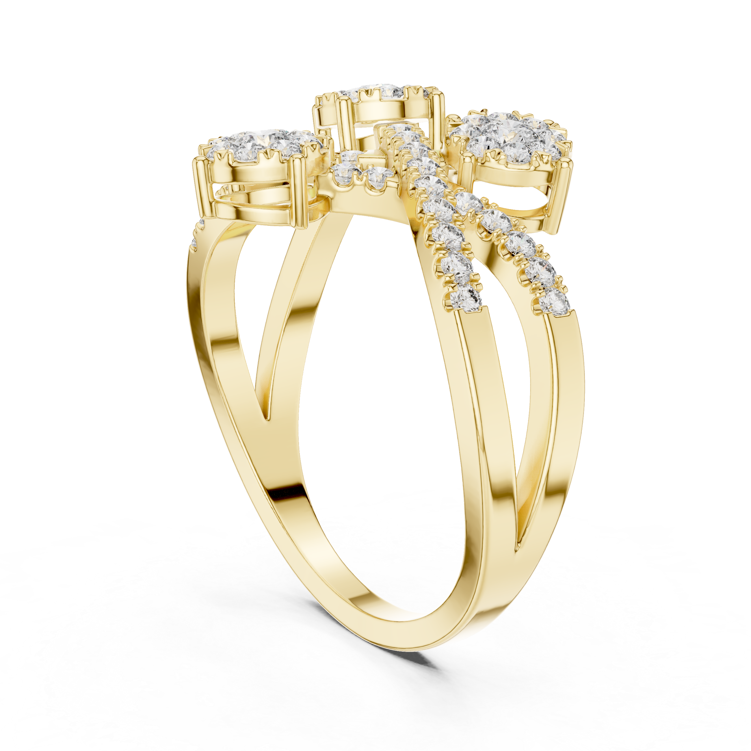 Round Cut Diamond Three Stone Floral Cluster Twist Ring