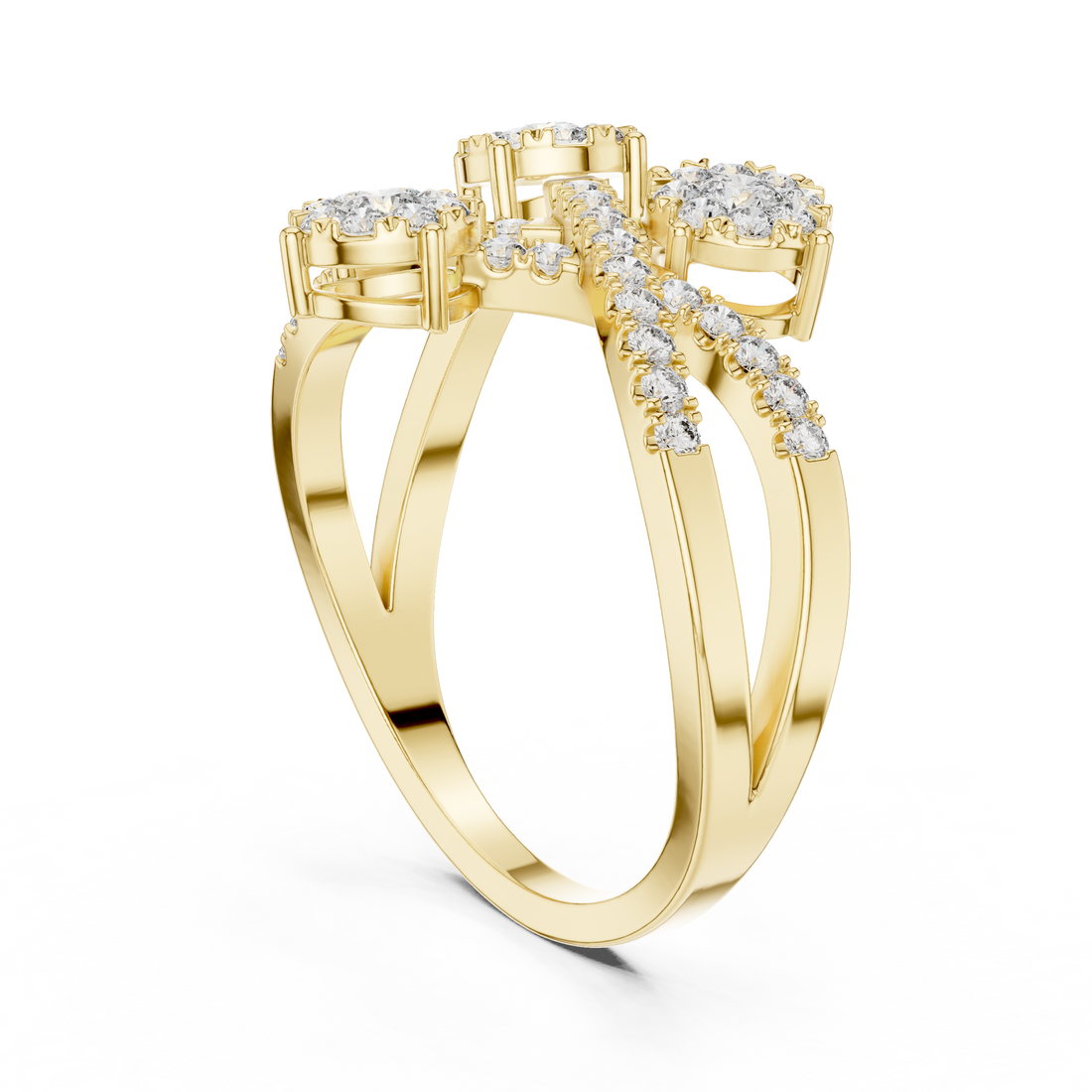 Round Cut Diamond Three Stone Floral Cluster Twist Ring