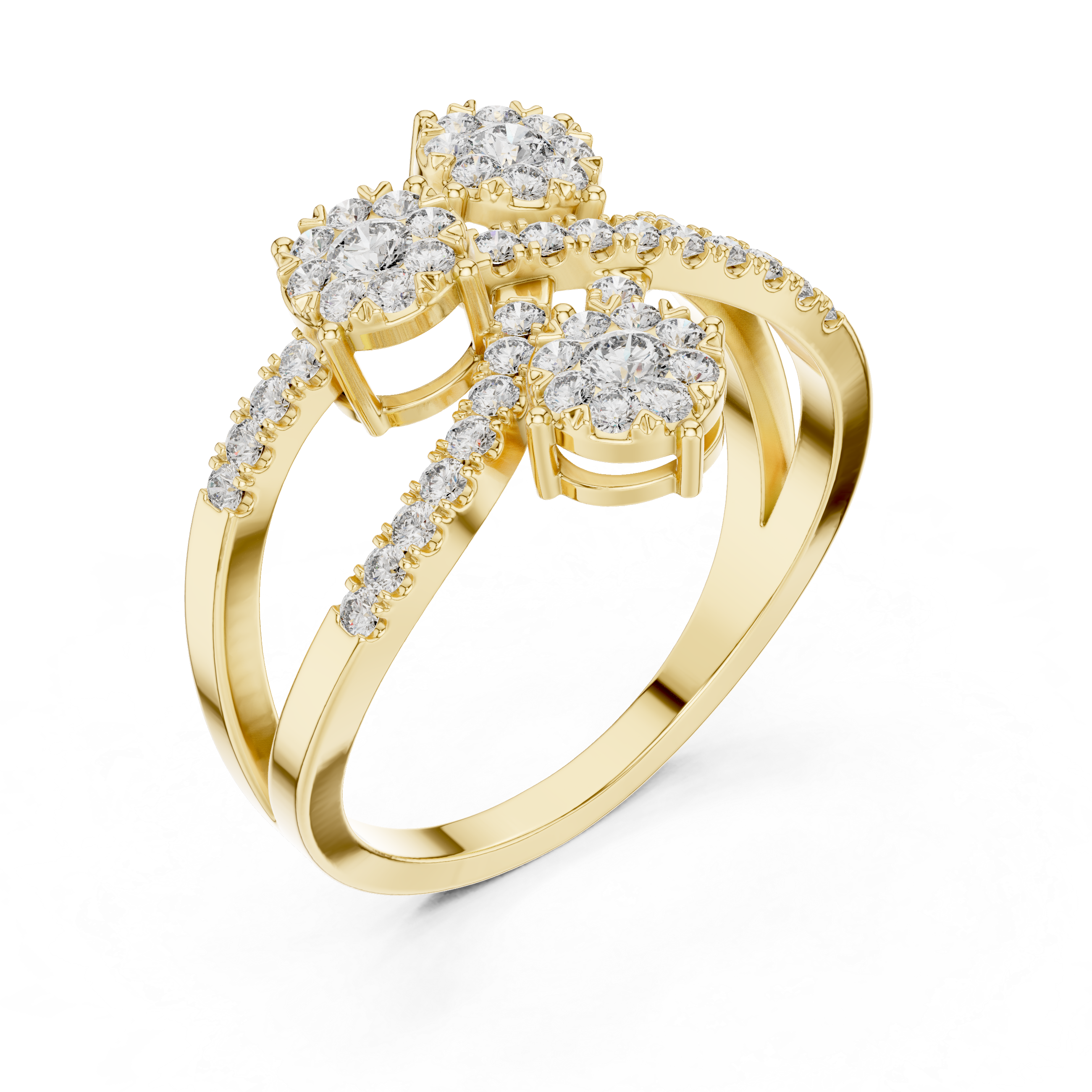 Round Cut Diamond Three Stone Floral Cluster Twist Ring