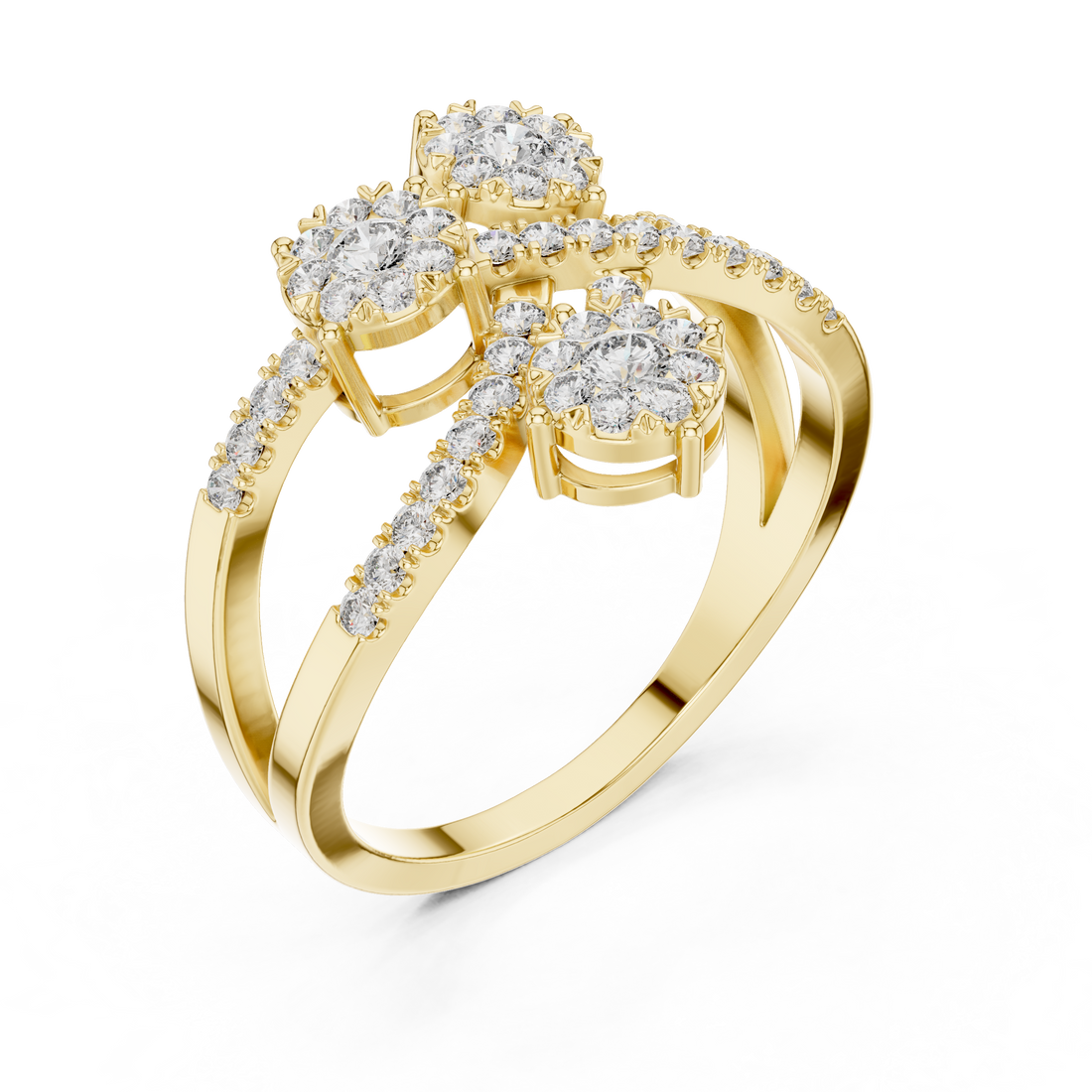 Round Cut Diamond Three Stone Floral Cluster Twist Ring