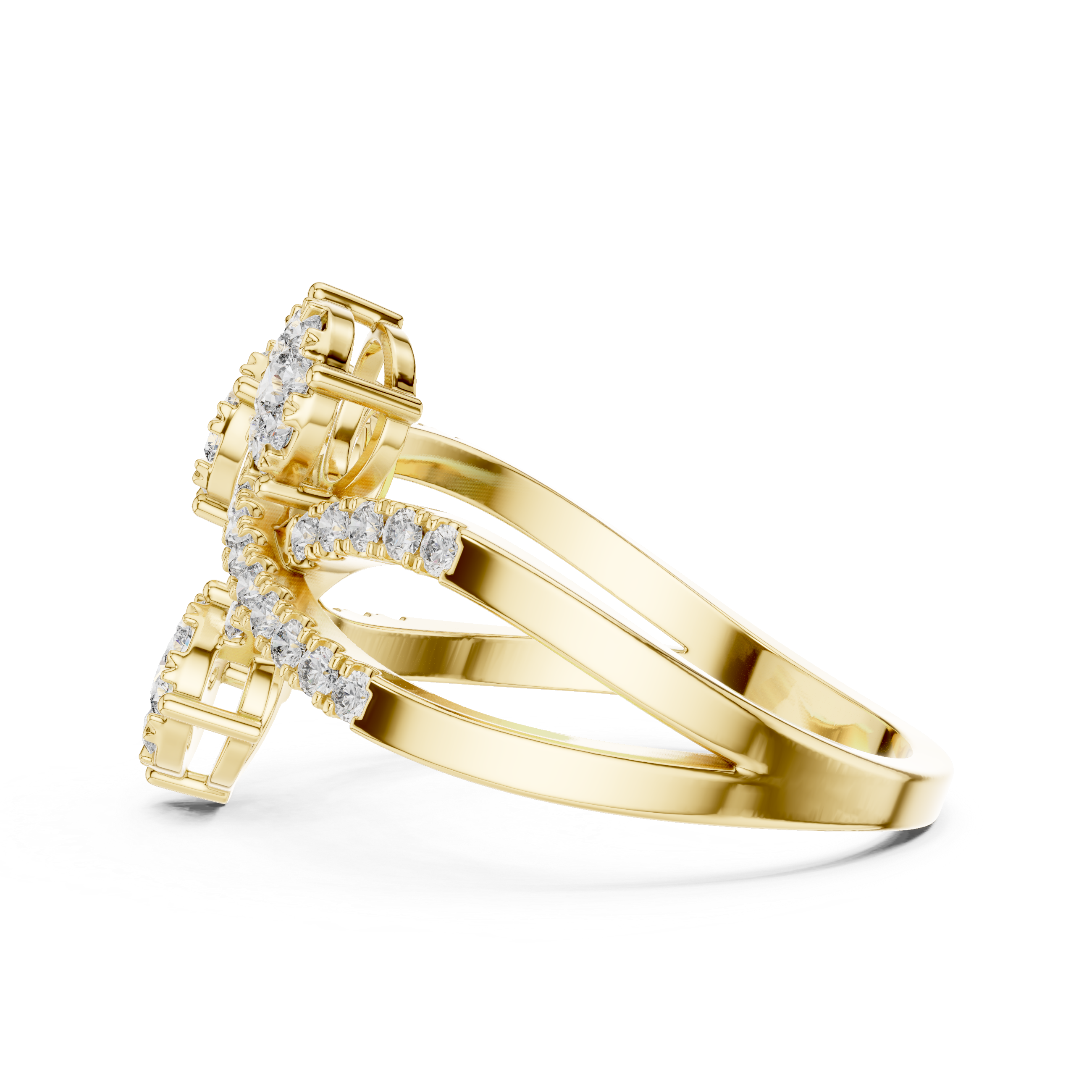 Round Cut Diamond Three Stone Floral Cluster Twist Ring