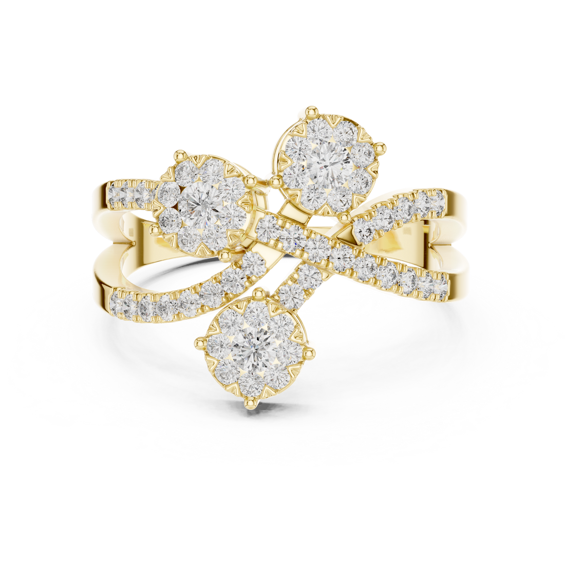 Round Cut Diamond Three Stone Floral Cluster Twist Ring