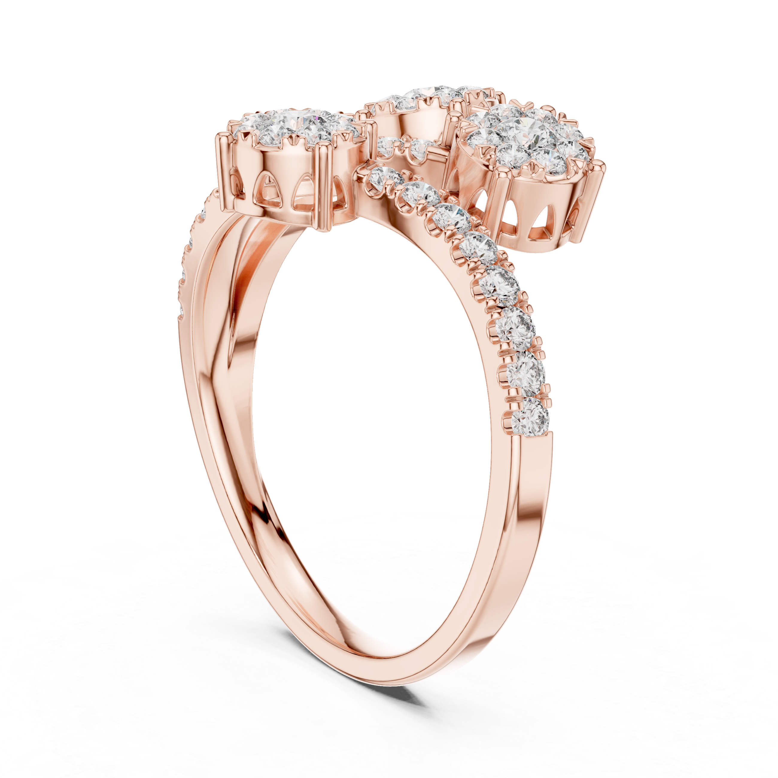 Round Cut Diamond Three Stone Floral Cluster Twist Ring