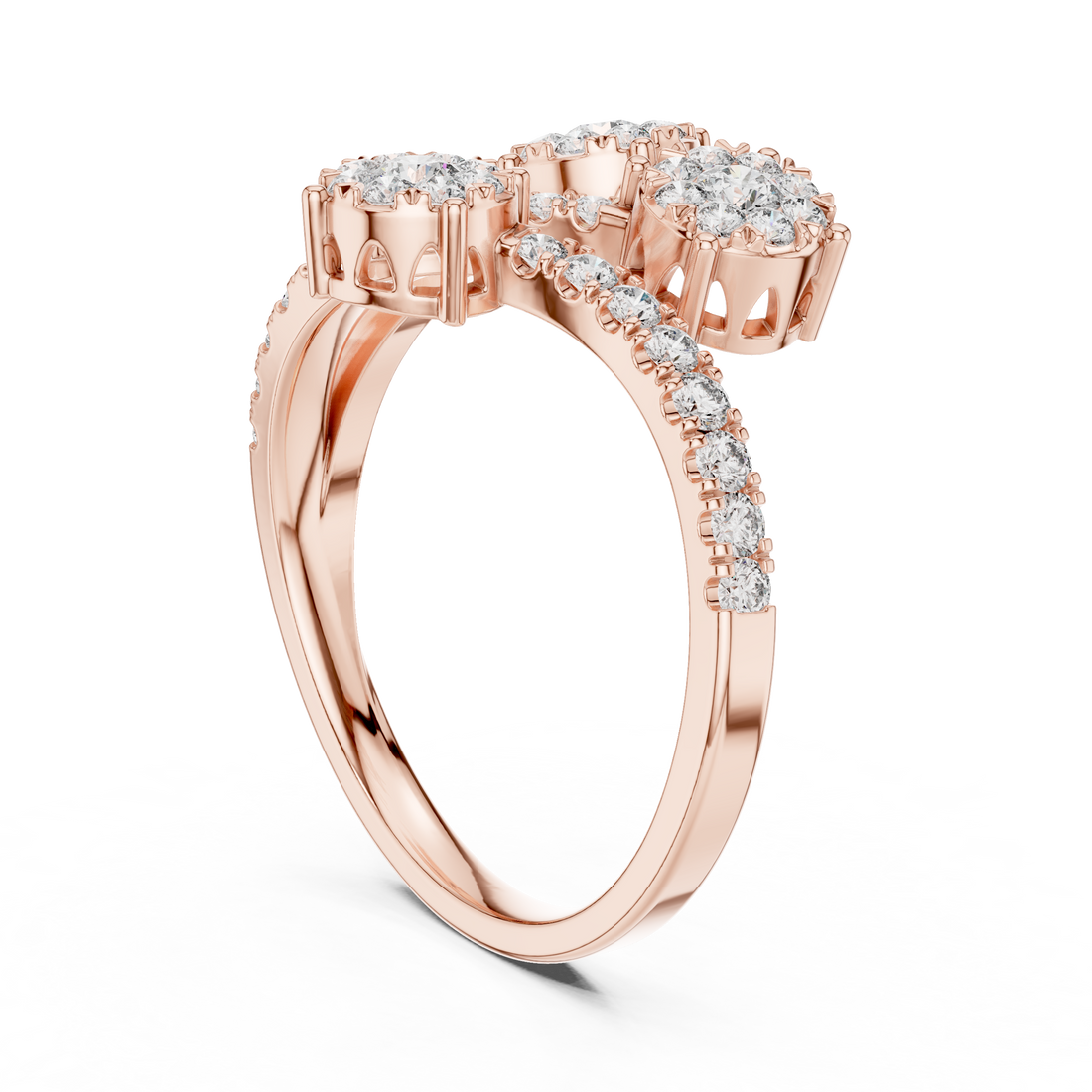 Round Cut Diamond Three Stone Floral Cluster Twist Ring