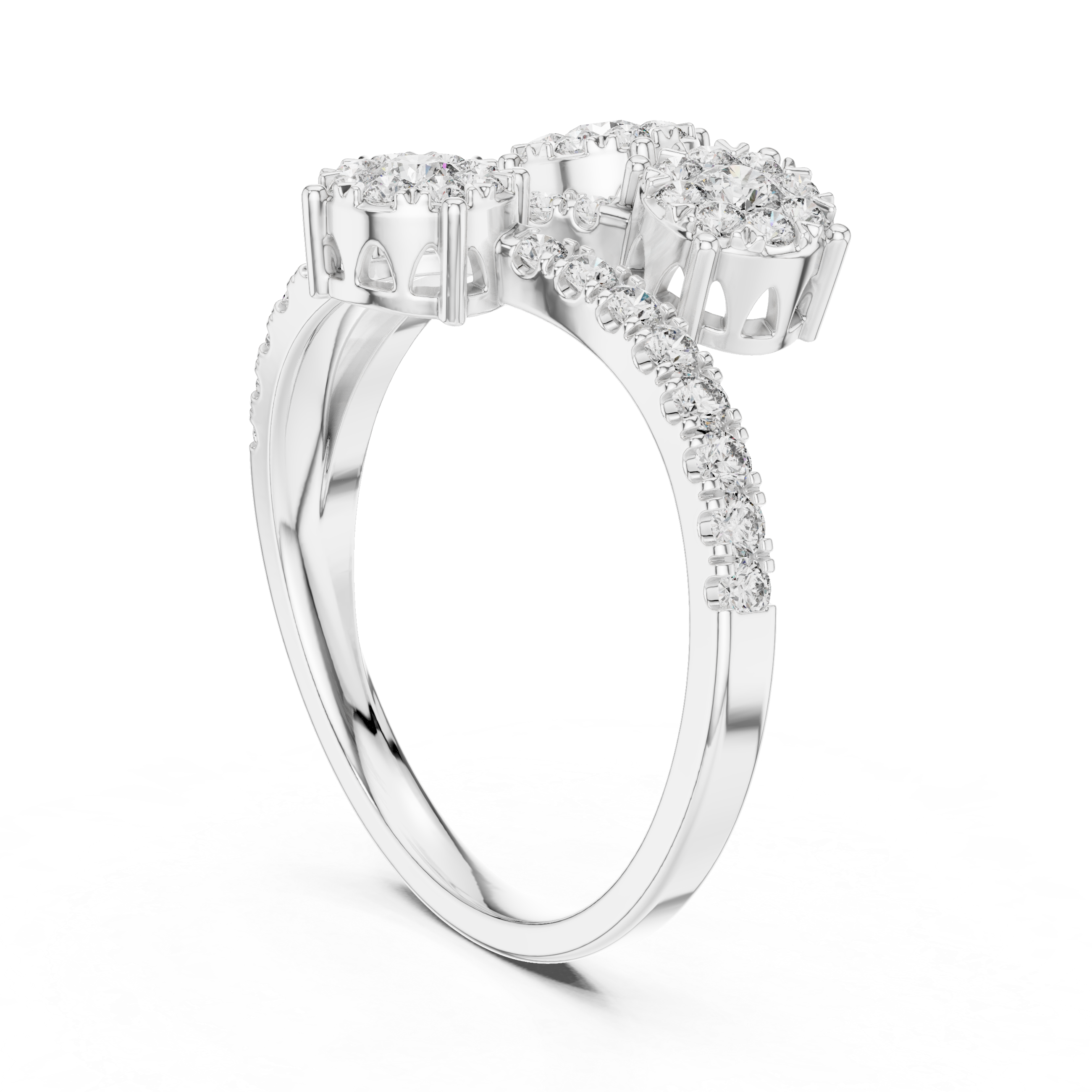 Round Cut Diamond Three Stone Floral Cluster Twist Ring