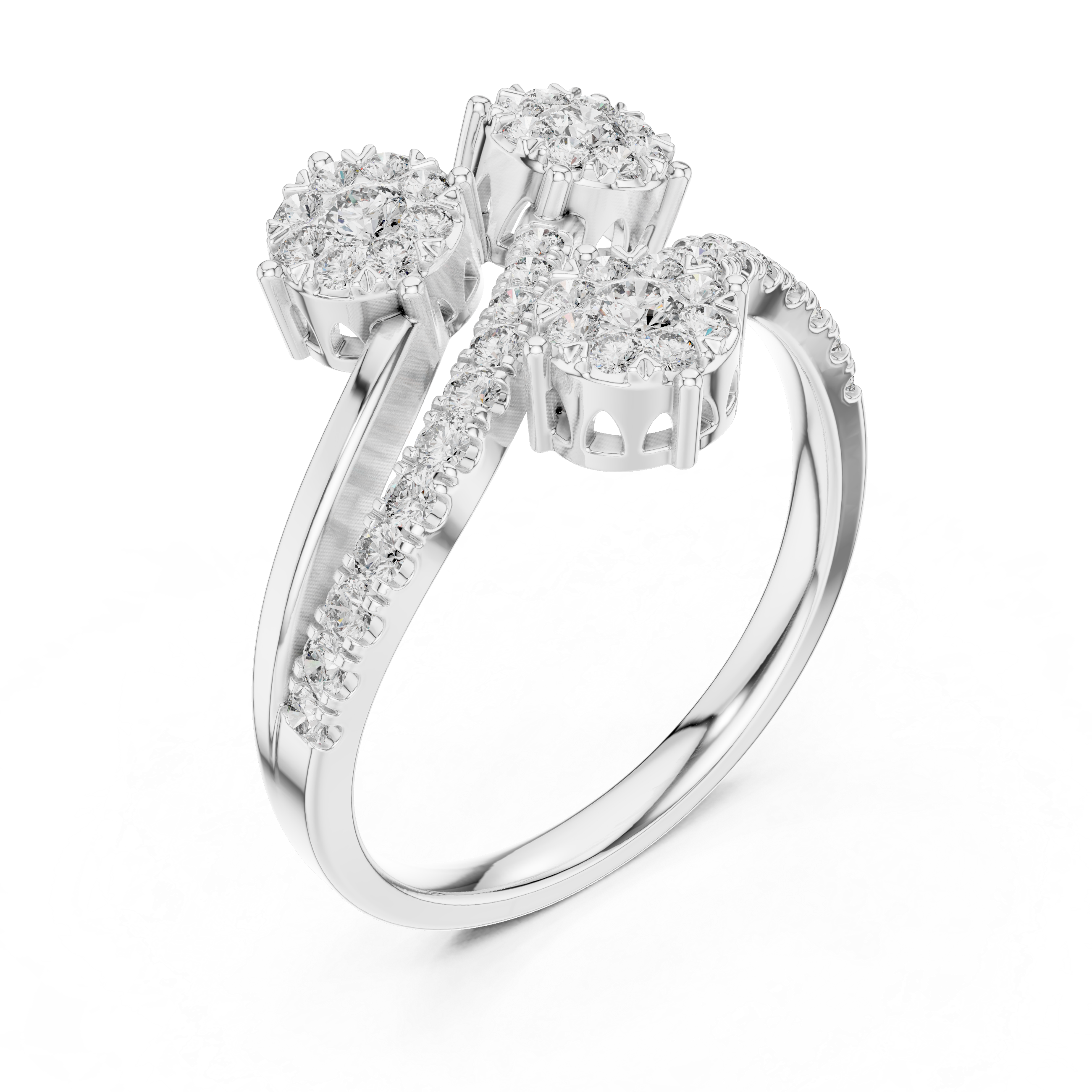 Round Cut Diamond Three Stone Floral Cluster Twist Ring