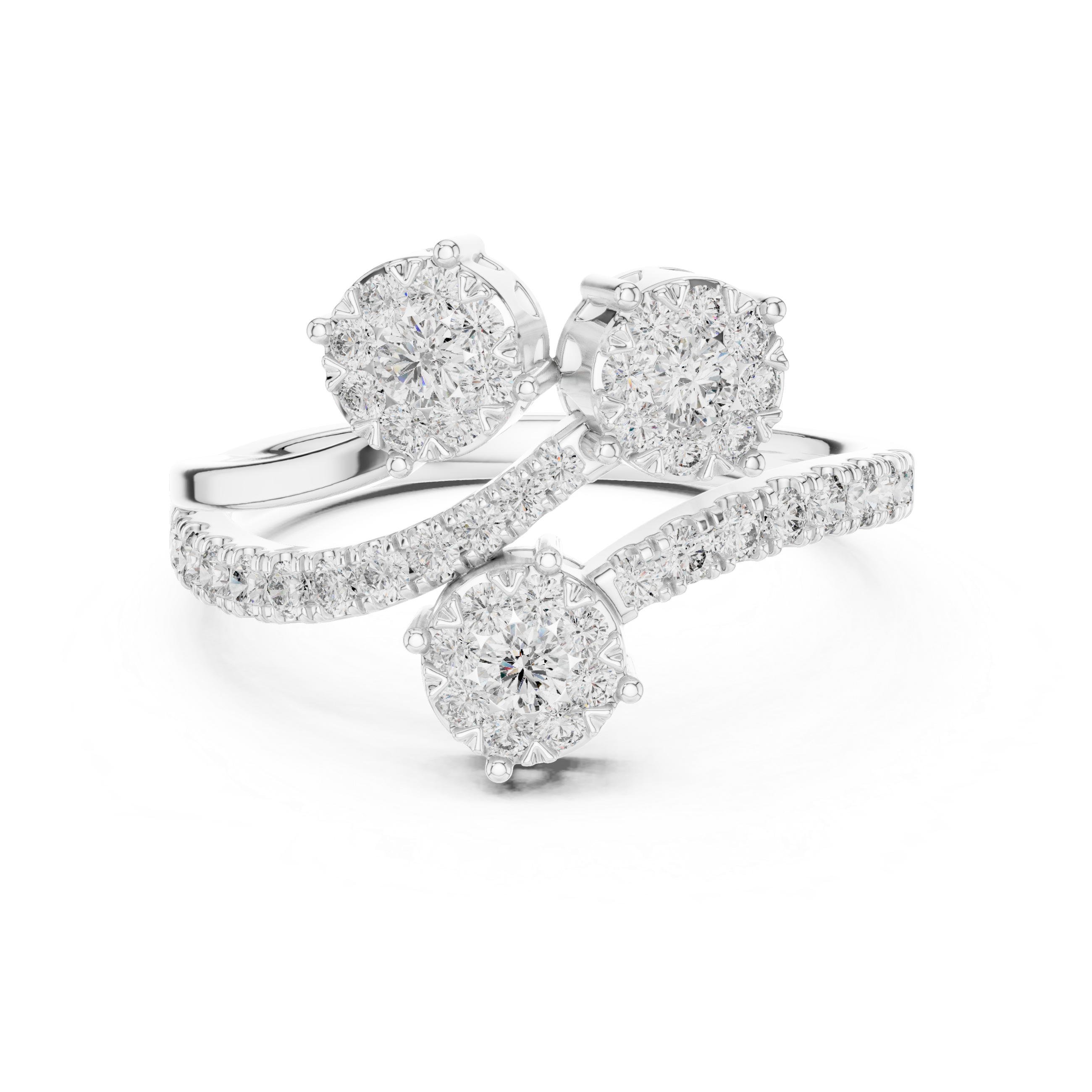 Round Cut Diamond Three Stone Floral Cluster Twist Ring