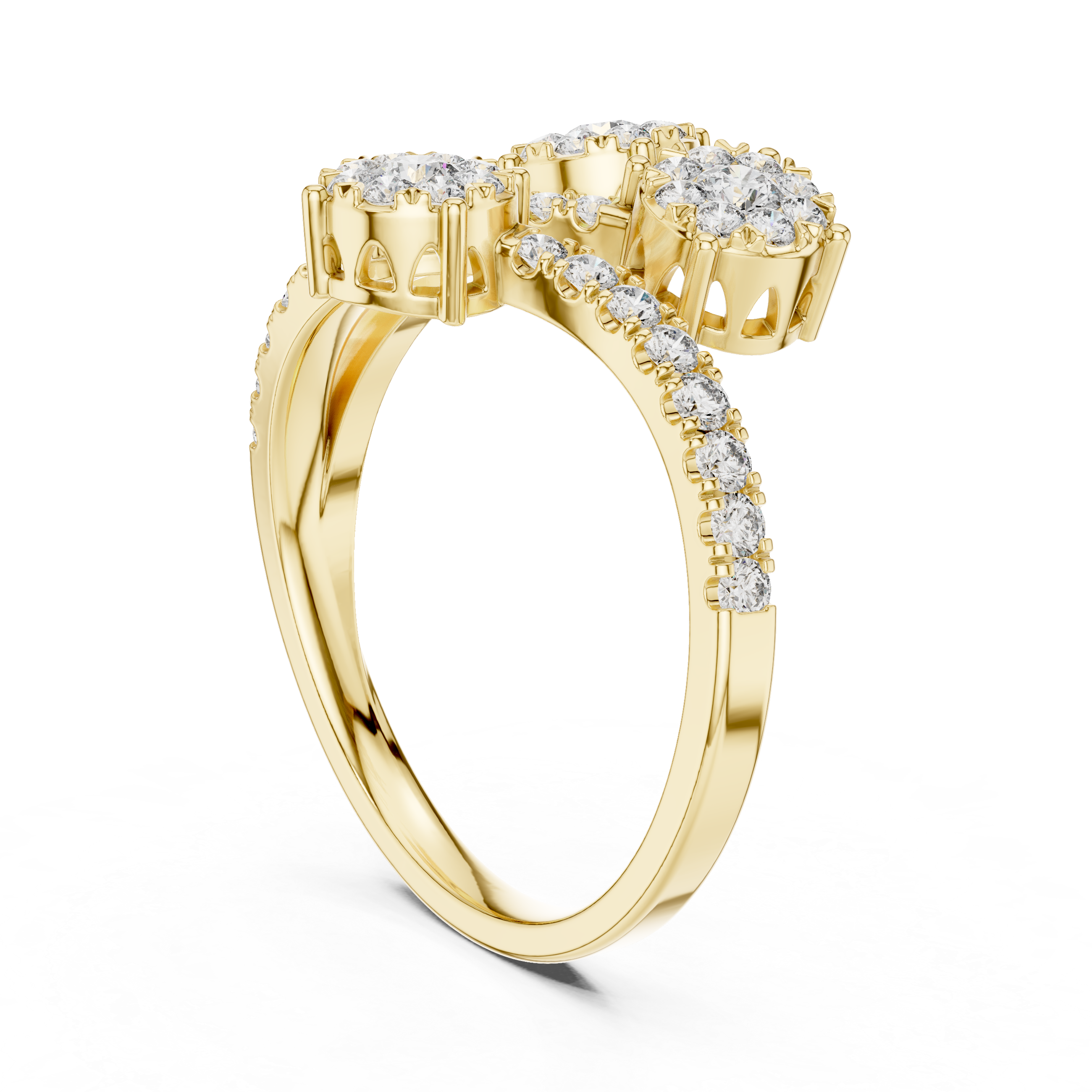 Round Cut Diamond Three Stone Floral Cluster Twist Ring