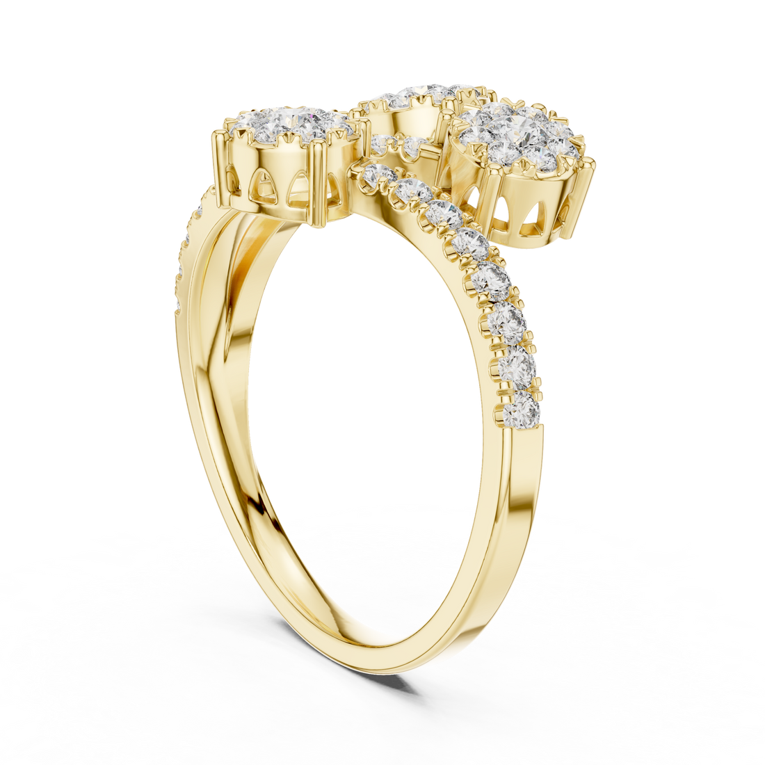 Round Cut Diamond Three Stone Floral Cluster Twist Ring