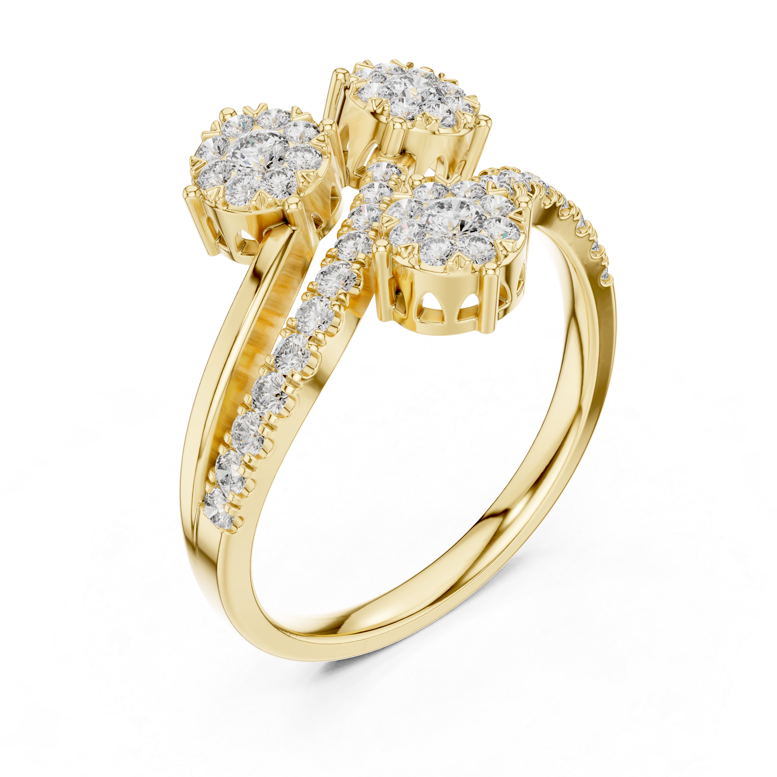 Round Cut Diamond Three Stone Floral Cluster Twist Ring