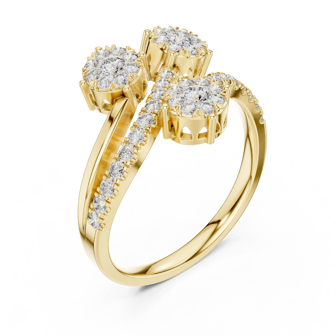 Round Cut Diamond Three Stone Floral Cluster Twist Ring