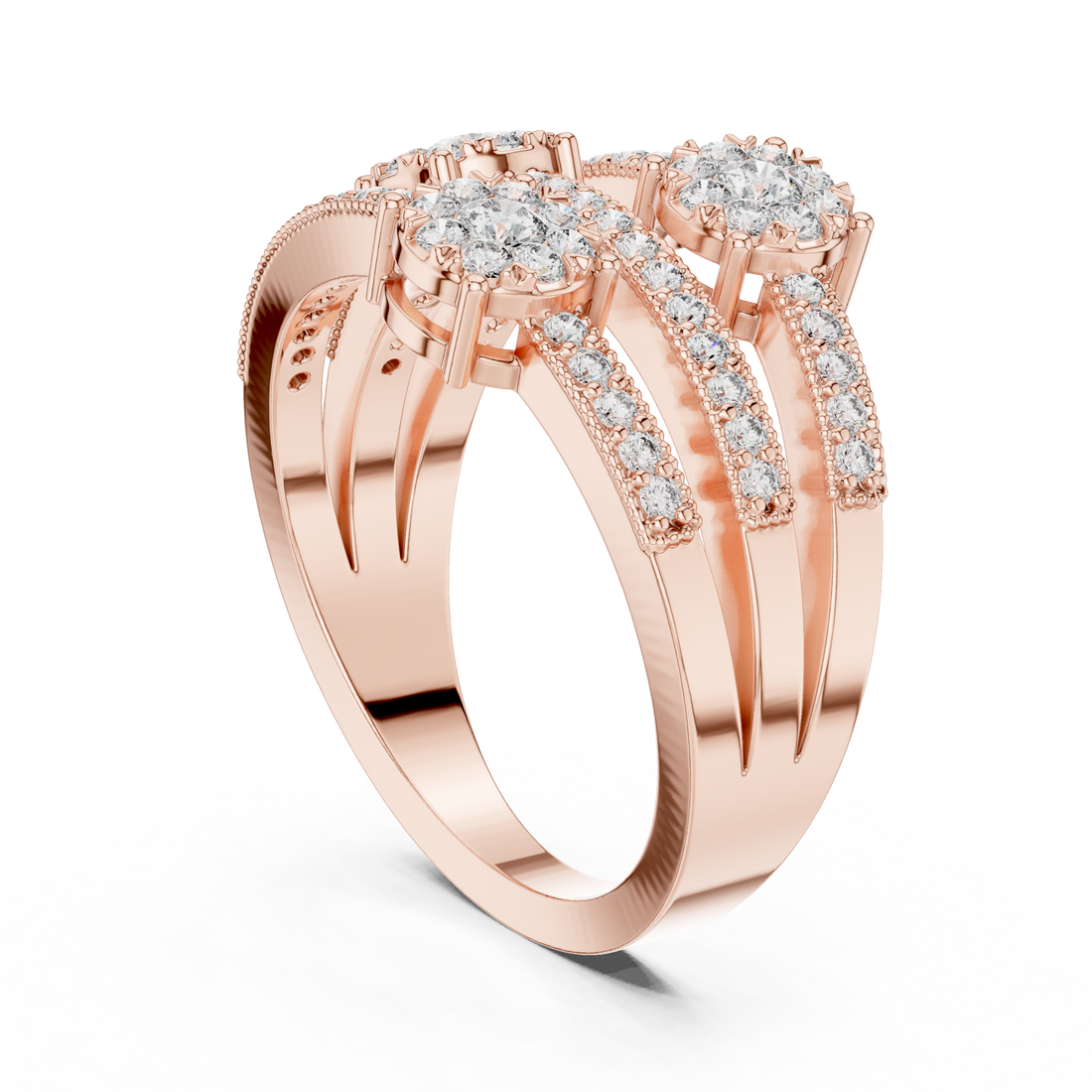 Floral Halo Round Diamond Multi-Row Band Ring