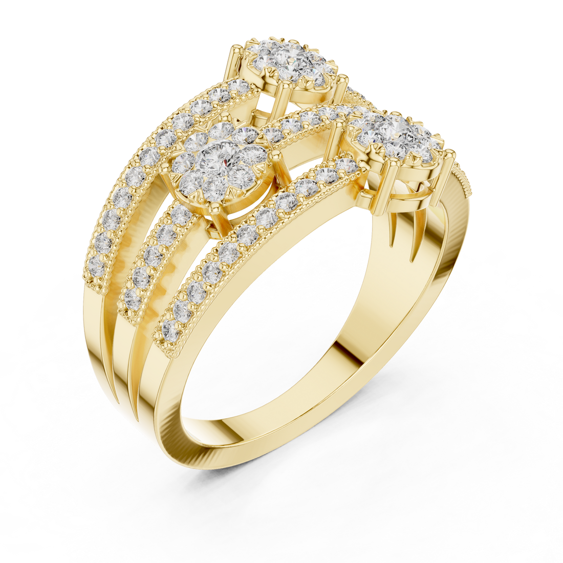 Floral Halo Round Diamond Multi-Row Band Ring