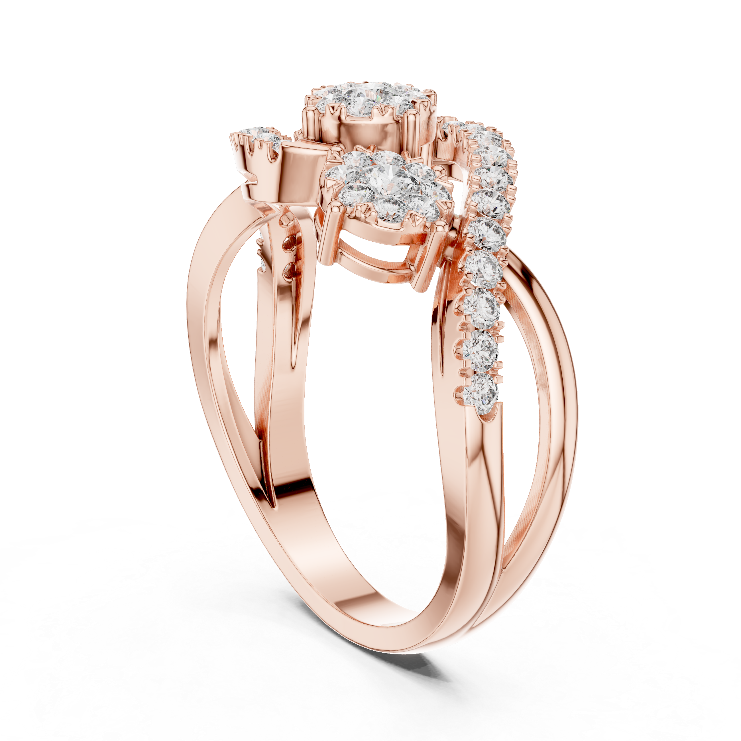Round Cut Diamond Triple Cluster Twist Ring with Pavé Accents