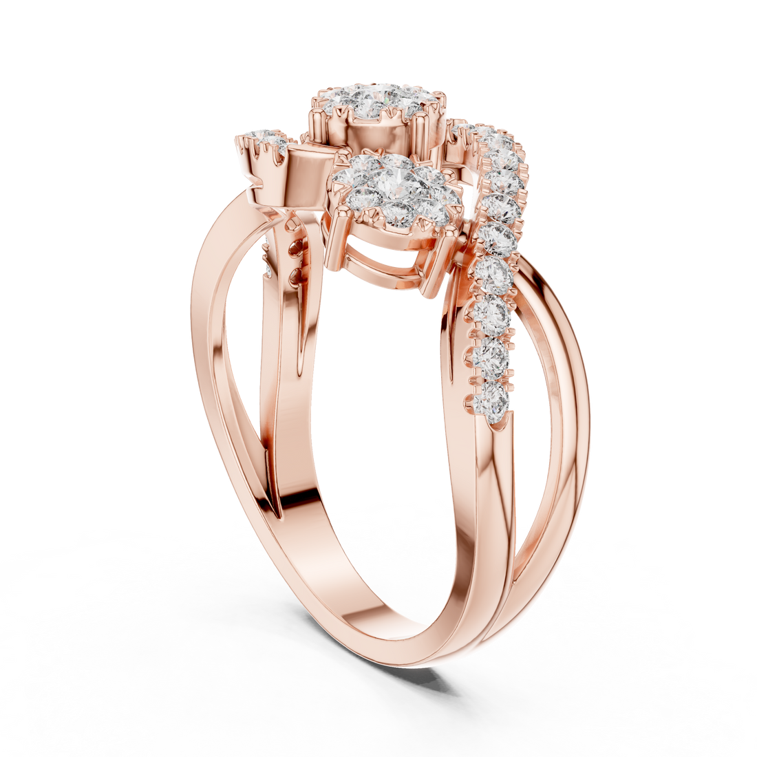 Round Cut Diamond Triple Cluster Twist Ring with Pavé Accents