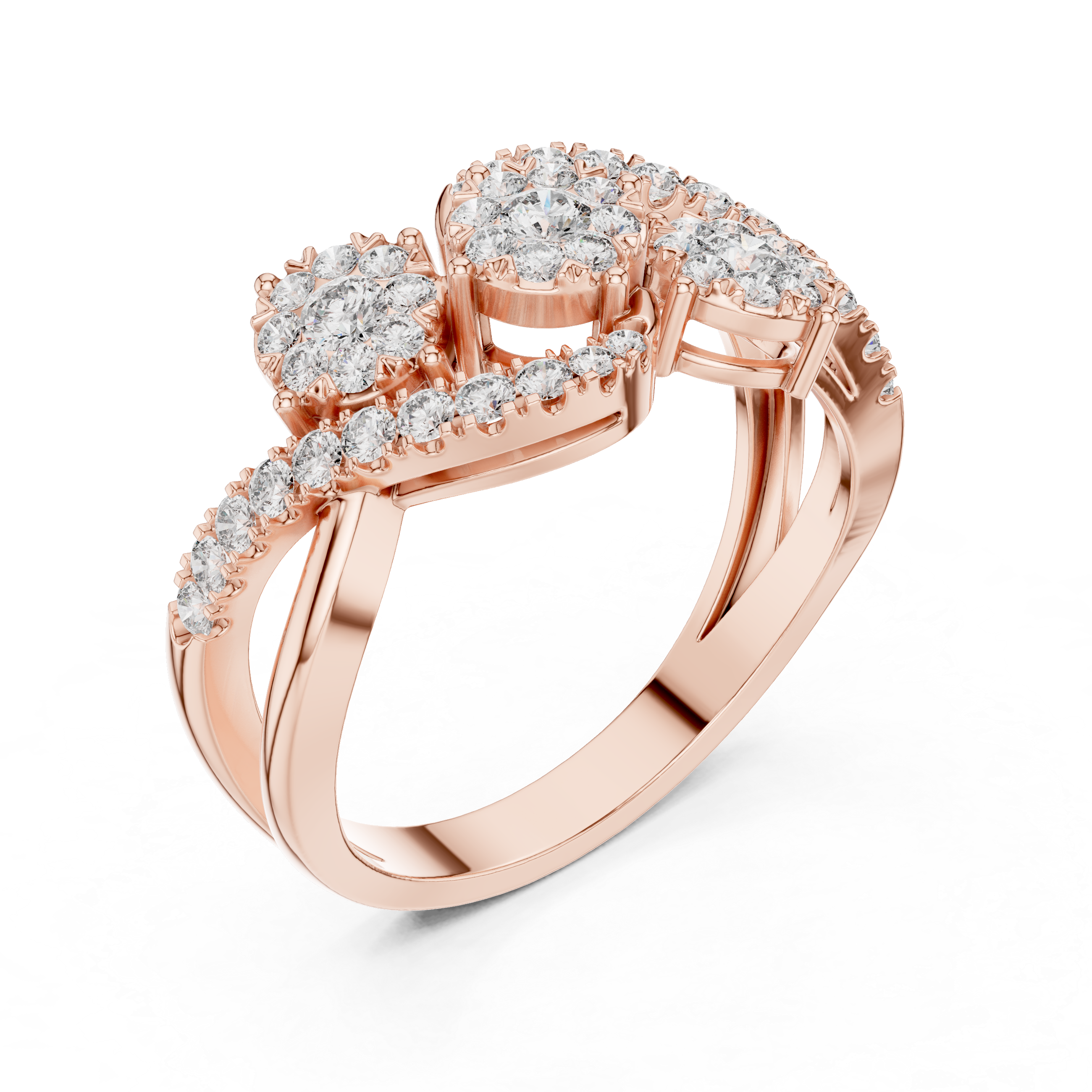 Round Cut Diamond Triple Cluster Twist Ring with Pavé Accents
