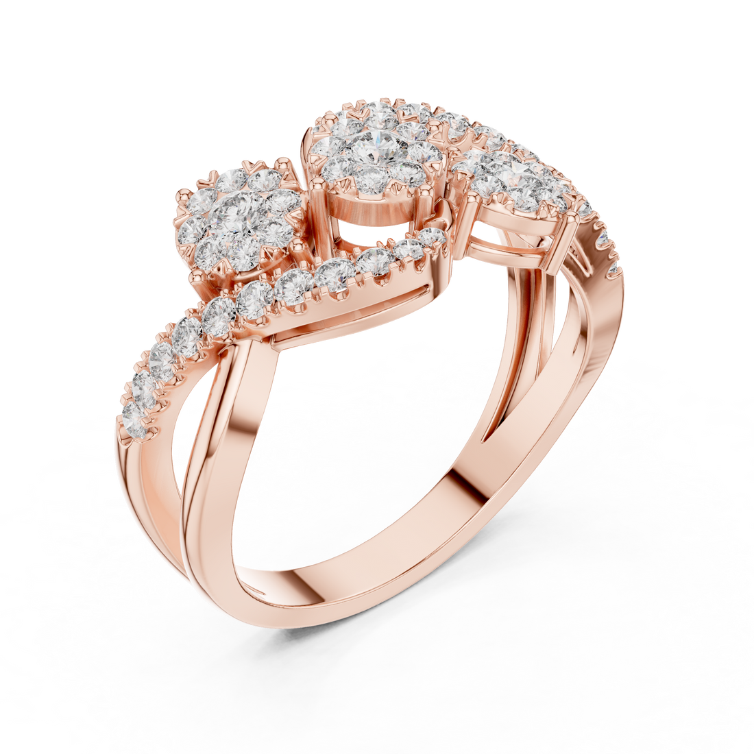 Round Cut Diamond Triple Cluster Twist Ring with Pavé Accents