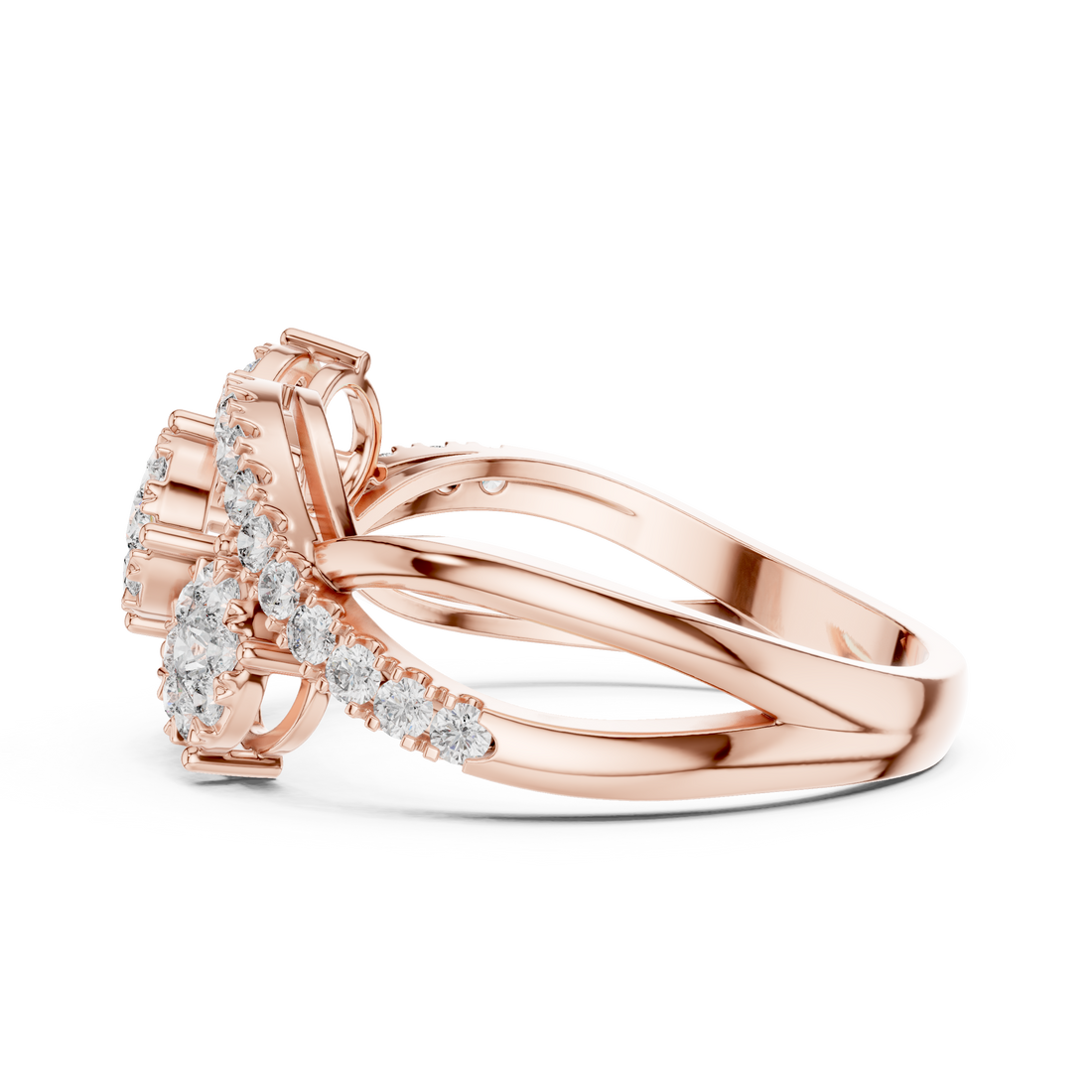 Round Cut Diamond Triple Cluster Twist Ring with Pavé Accents