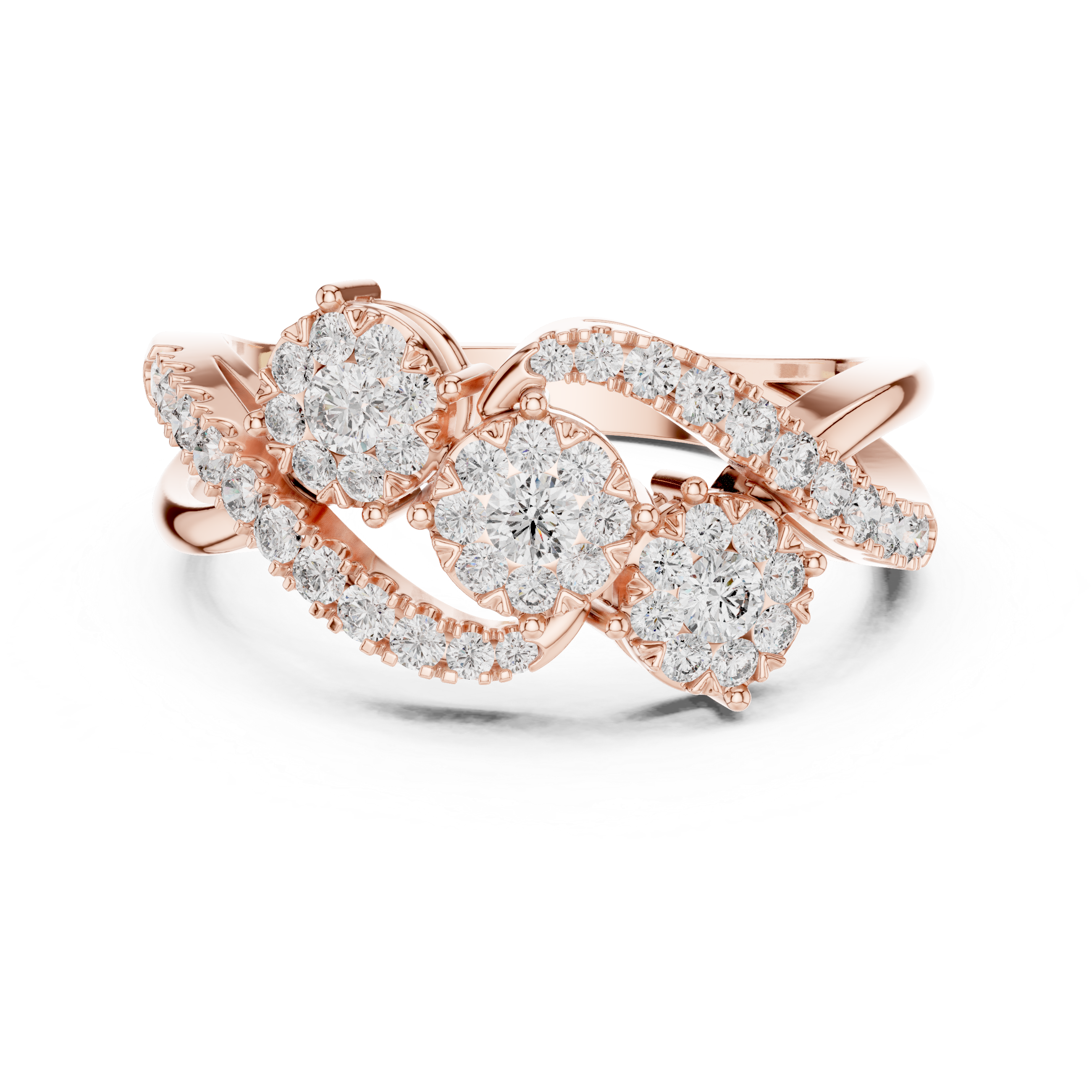 Round Cut Diamond Triple Cluster Twist Ring with Pavé Accents