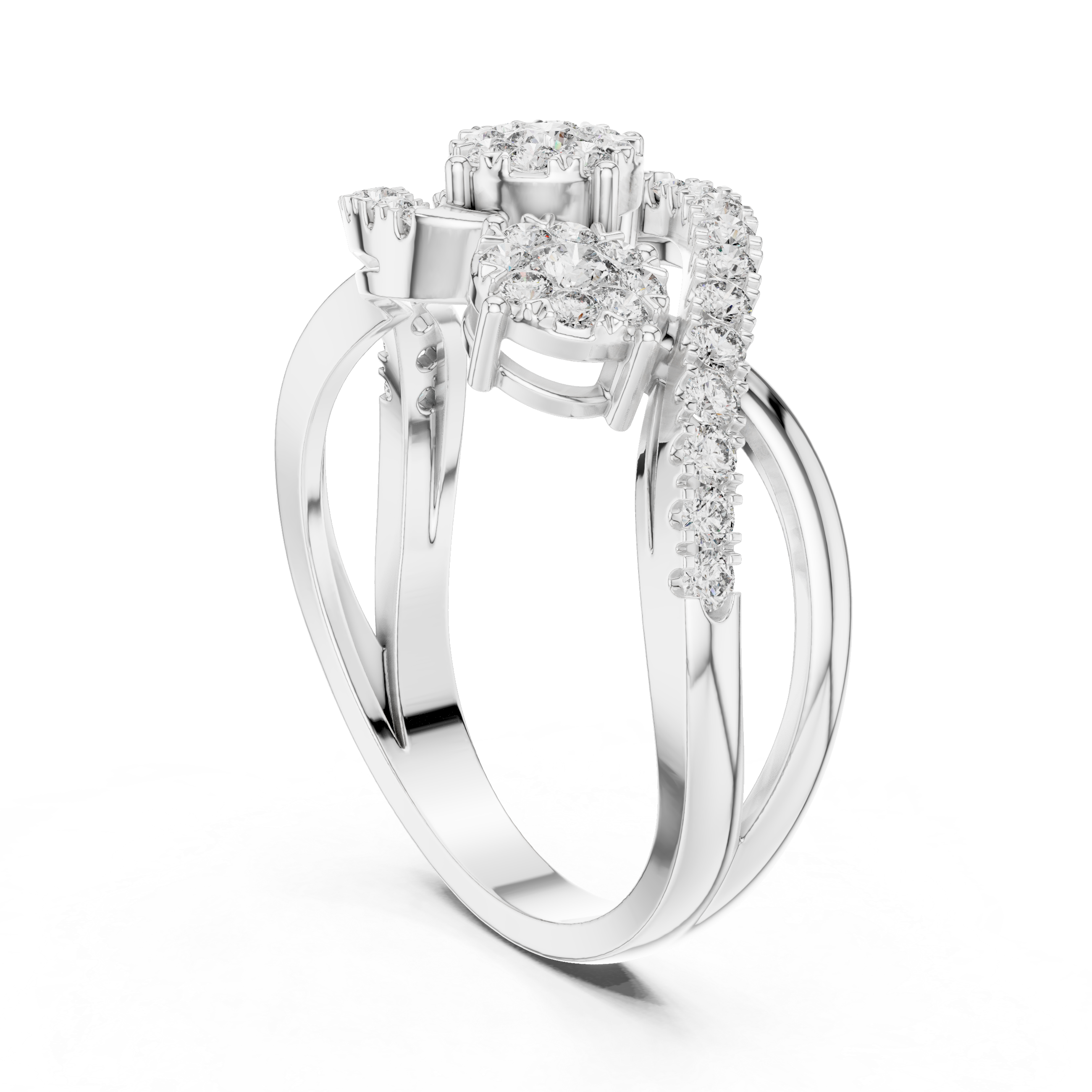Round Cut Diamond Triple Cluster Twist Ring with Pavé Accents