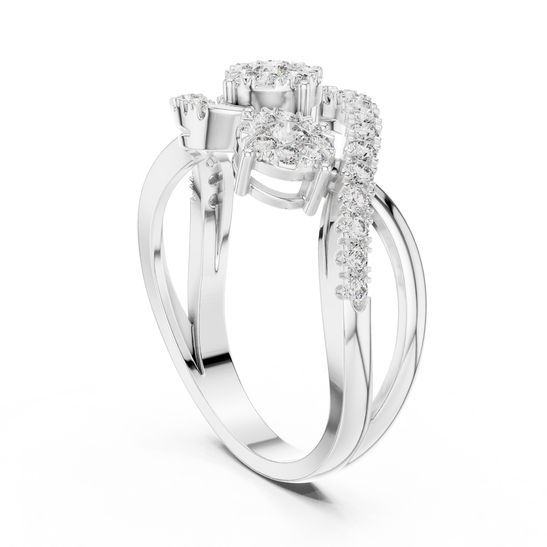 Round Cut Diamond Triple Cluster Twist Ring with Pavé Accents