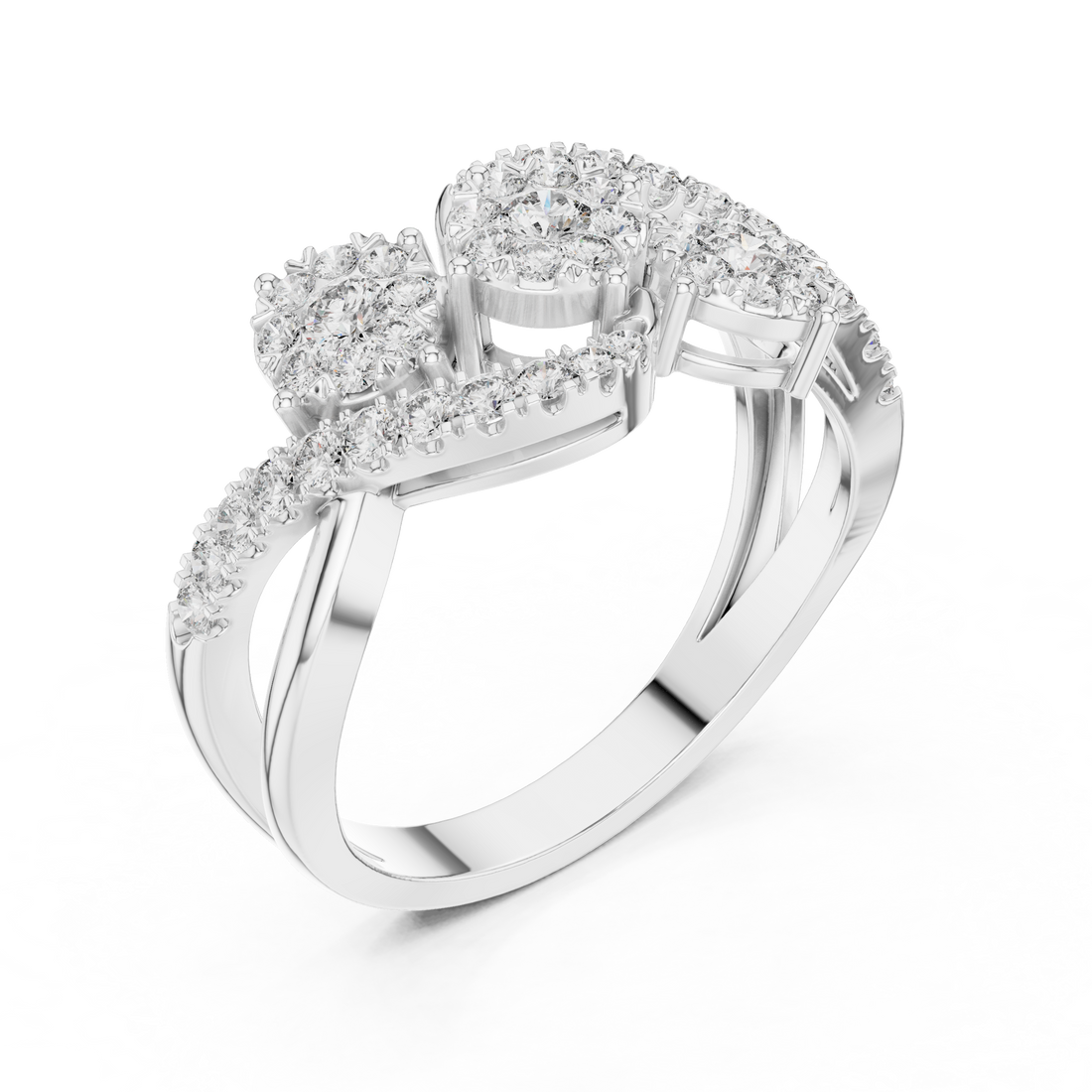 Round Cut Diamond Triple Cluster Twist Ring with Pavé Accents
