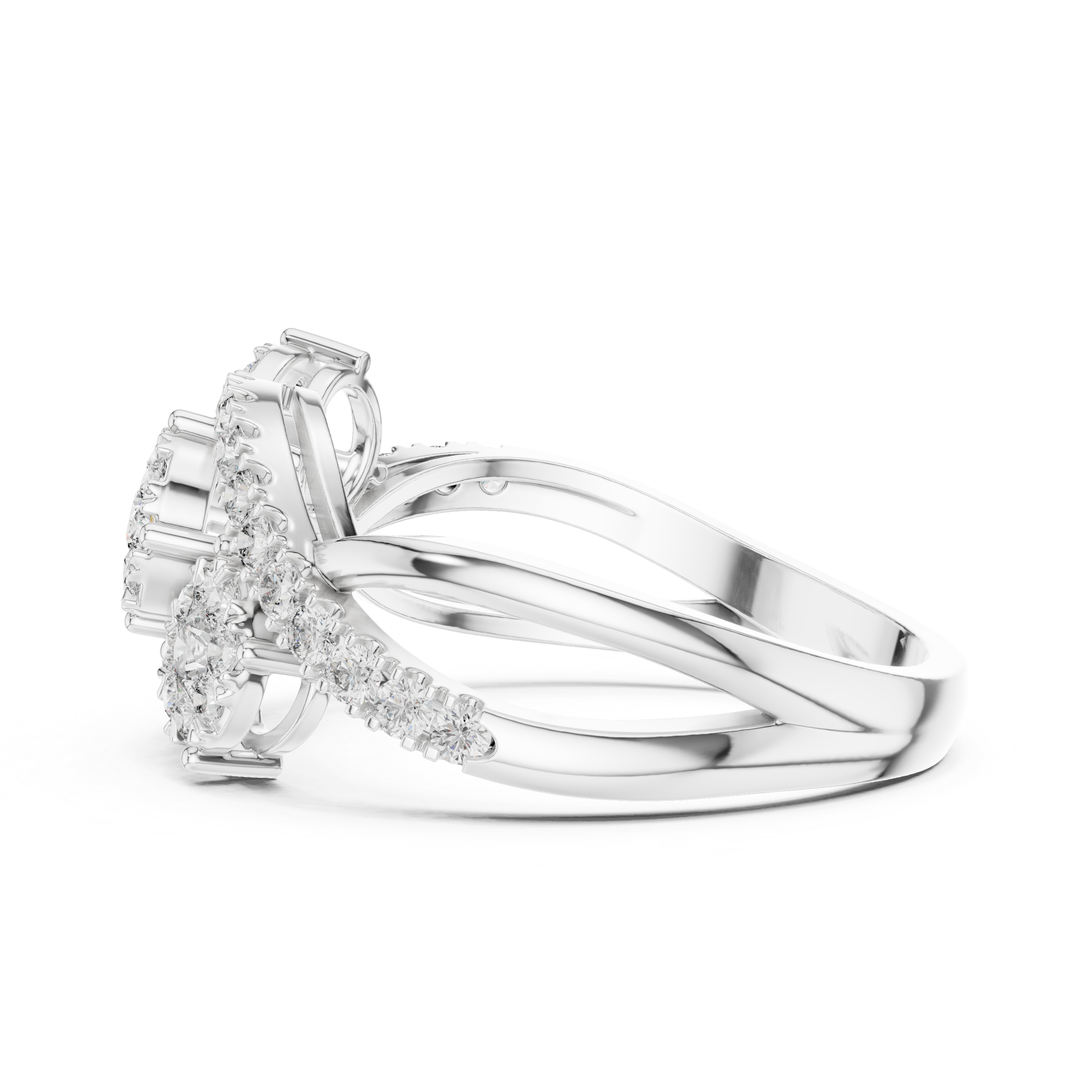 Round Cut Diamond Triple Cluster Twist Ring with Pavé Accents