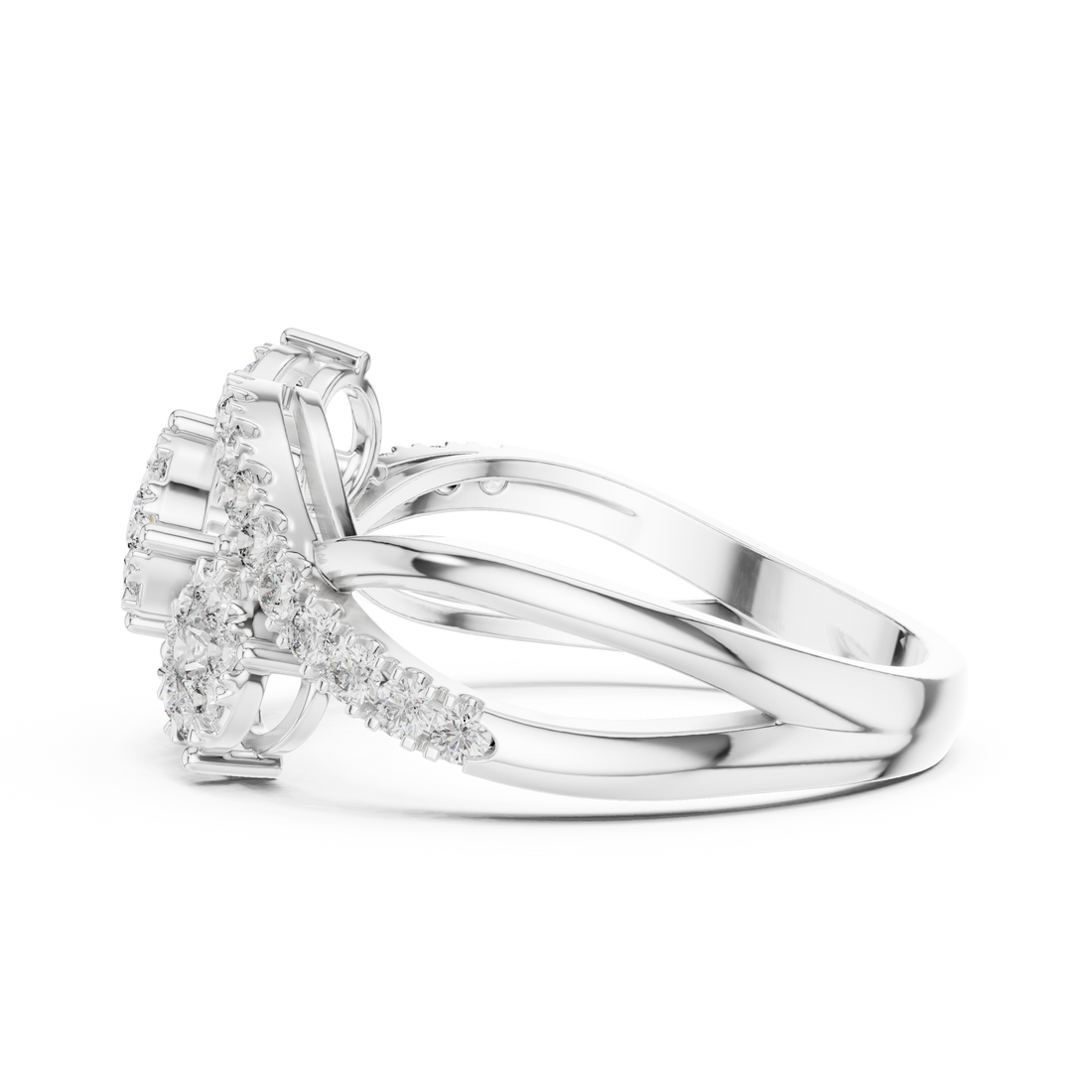 Round Cut Diamond Triple Cluster Twist Ring with Pavé Accents