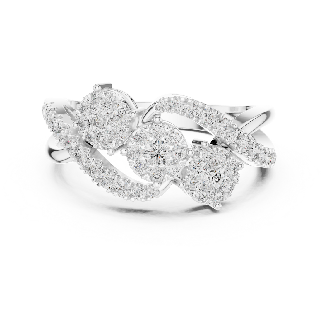 Round Cut Diamond Triple Cluster Twist Ring with Pavé Accents