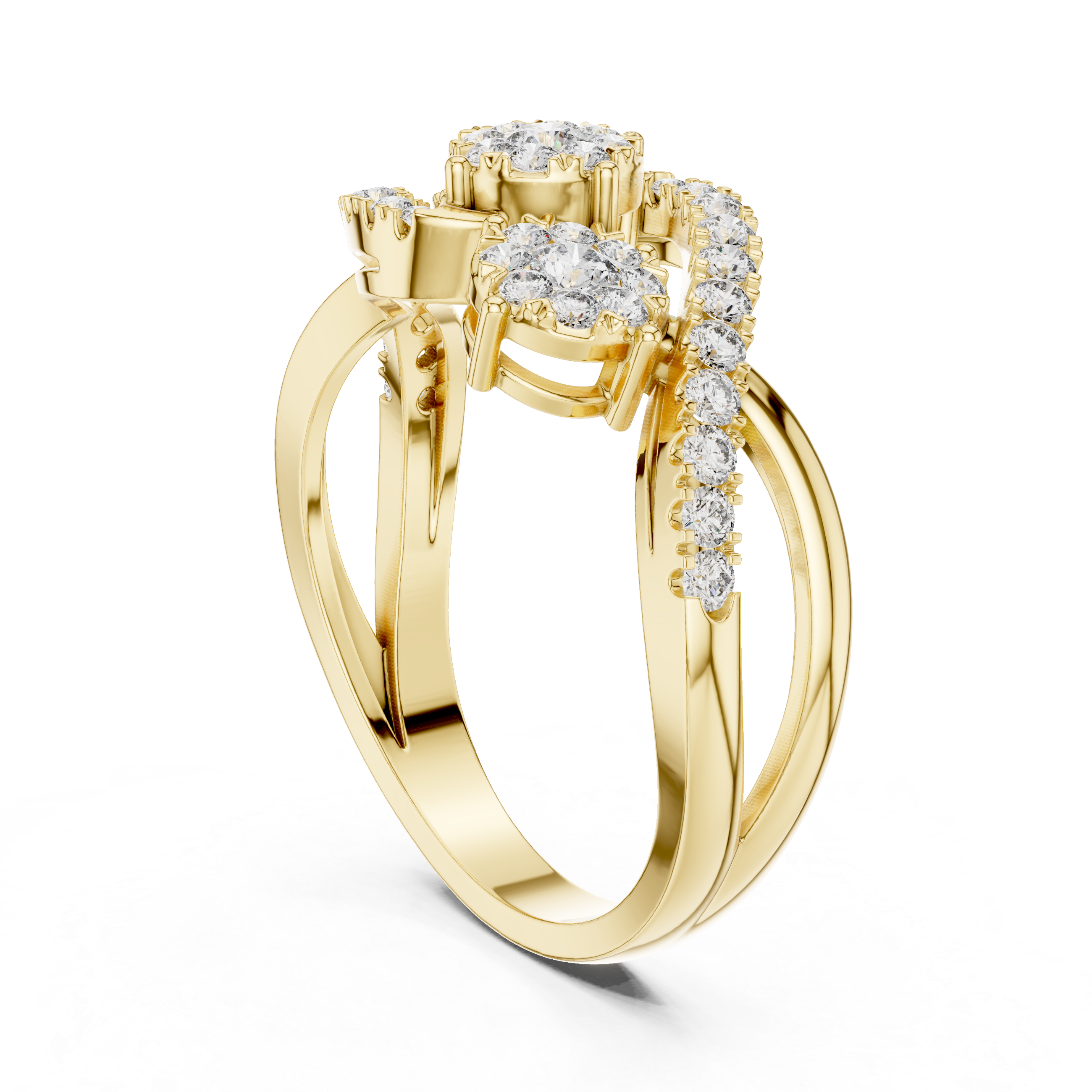 Round Cut Diamond Triple Cluster Twist Ring with Pavé Accents