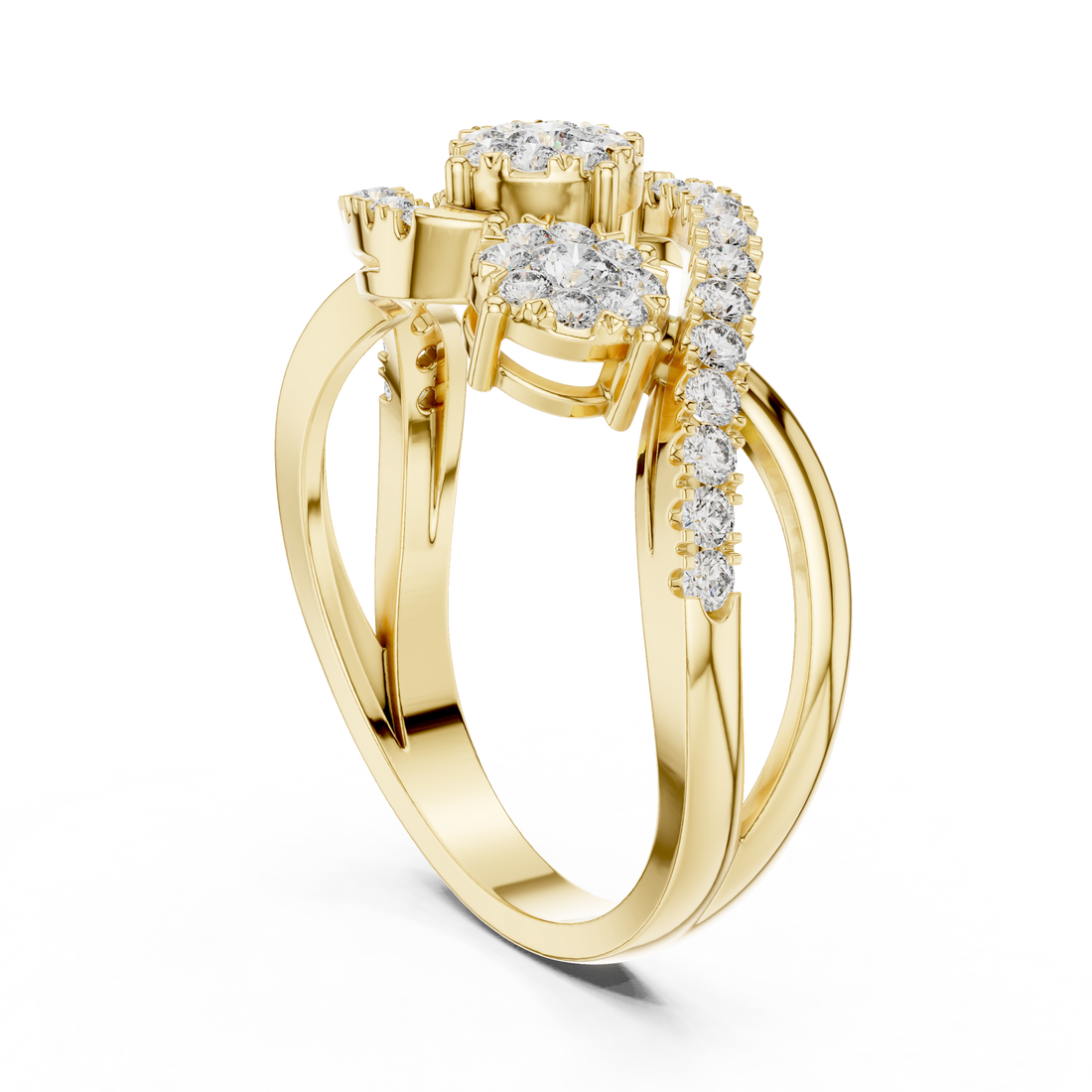 Round Cut Diamond Triple Cluster Twist Ring with Pavé Accents