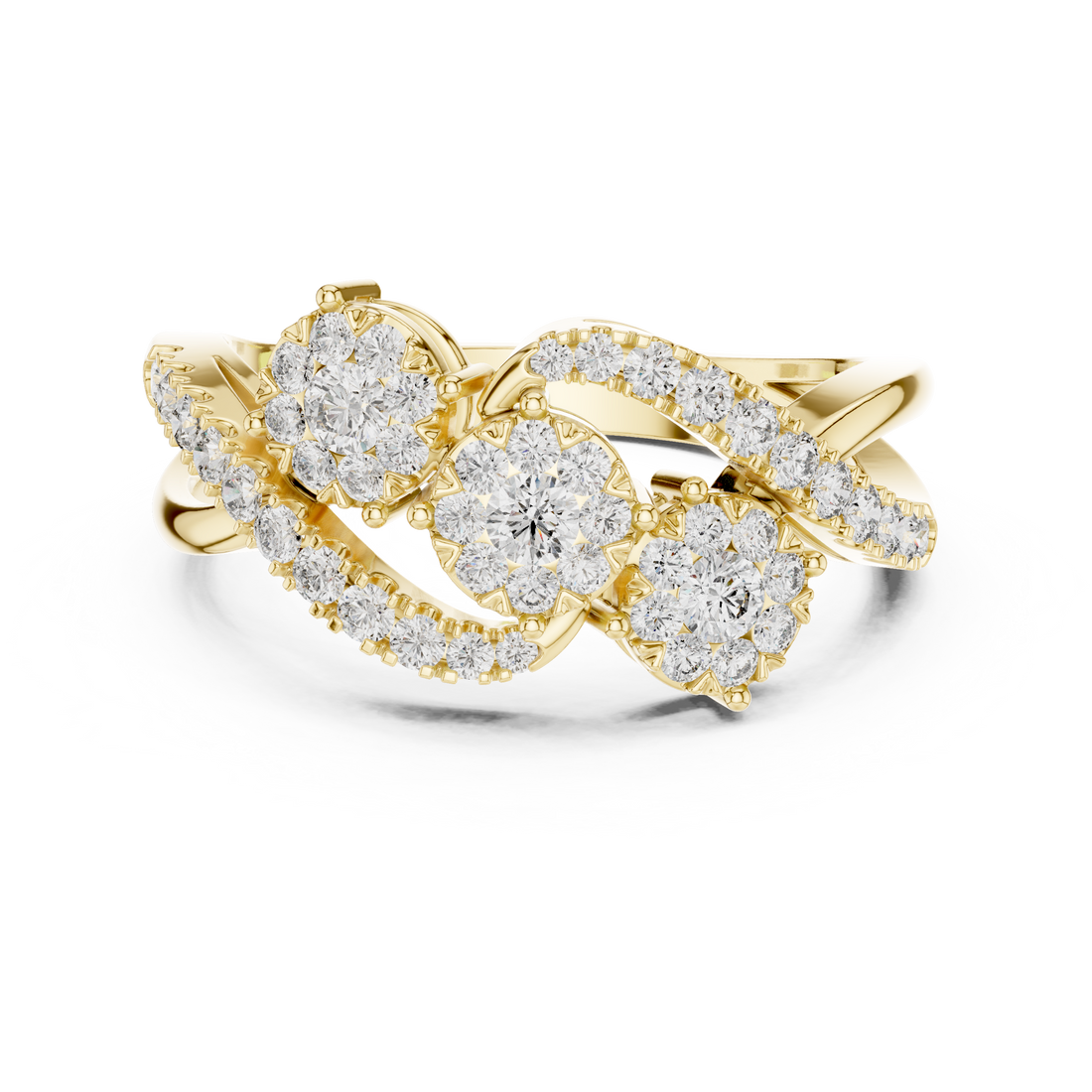 Round Cut Diamond Triple Cluster Twist Ring with Pavé Accents