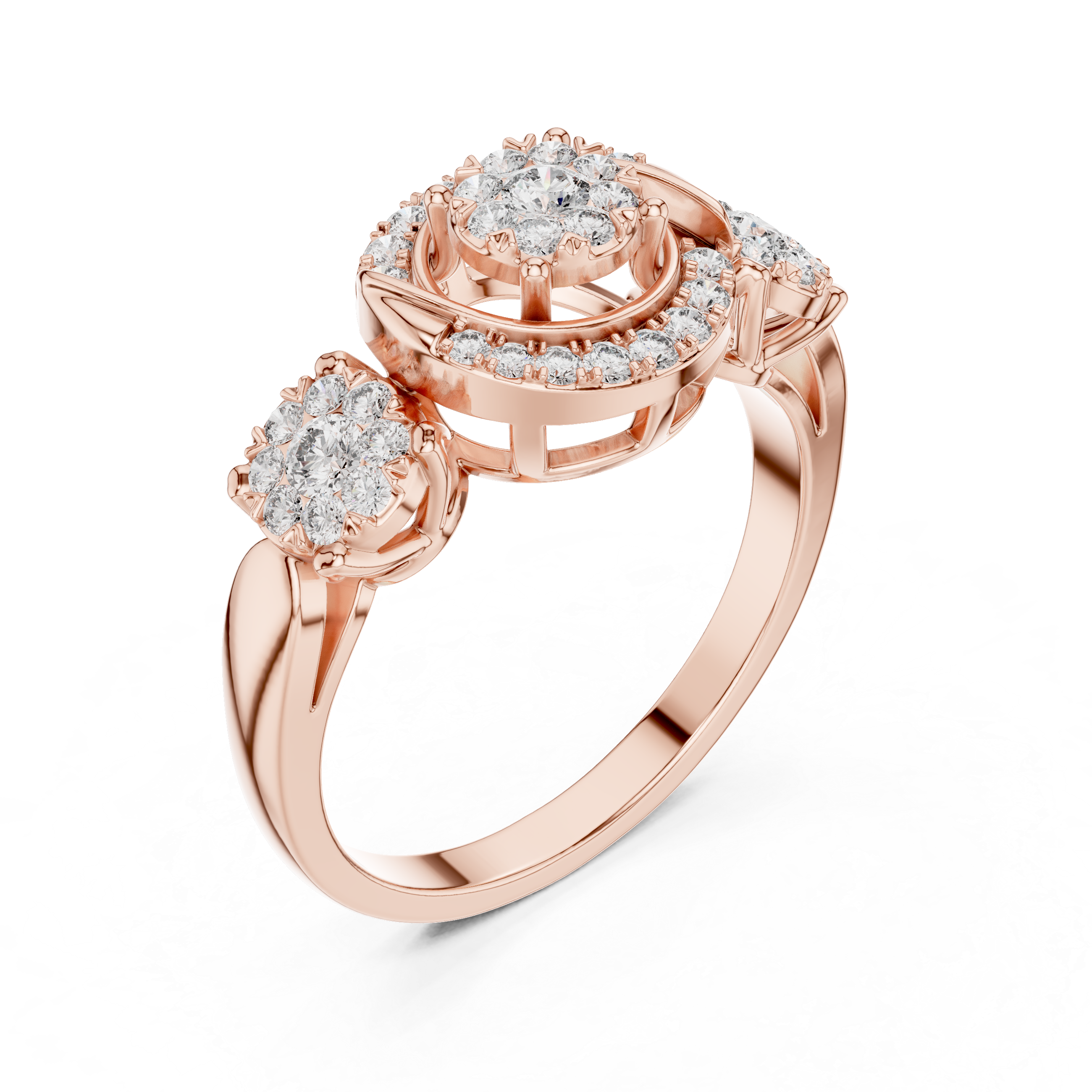 Round Cut Diamond Three Stone Halo Cluster Ring